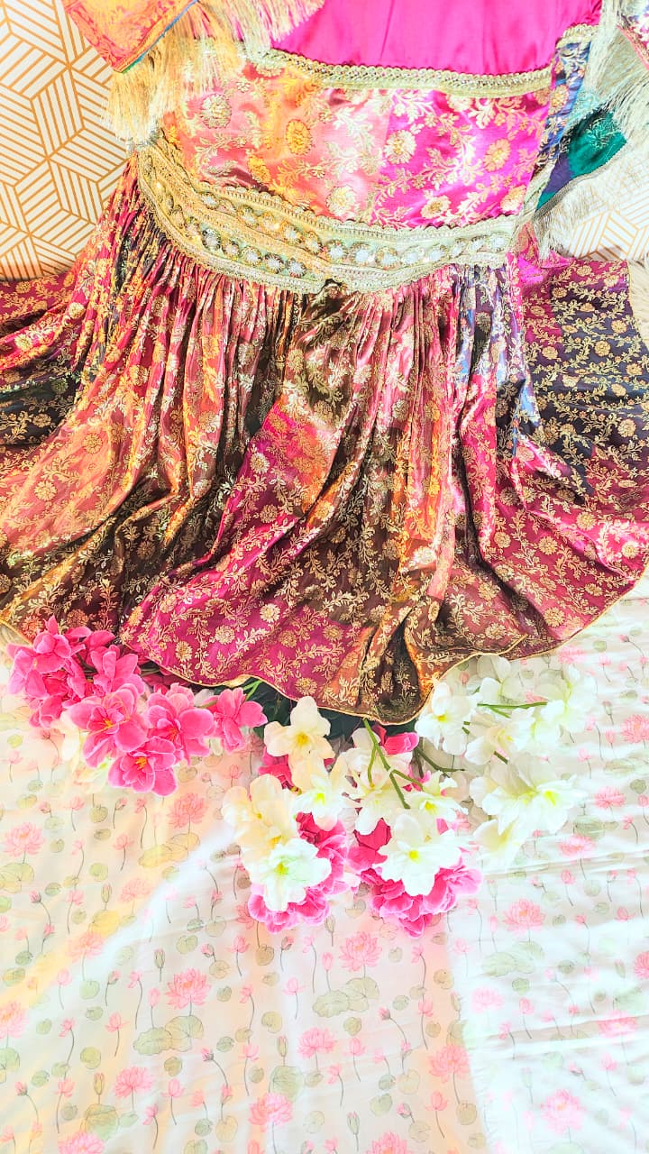 MULTI COLOR BANARASI KIMKHAB GHARARA WITH RANI PINK KURTI