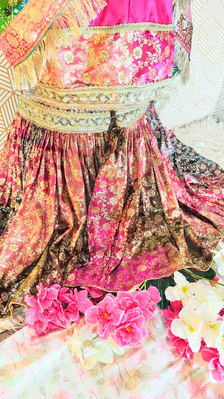 MULTI COLOR BANARASI KIMKHAB GHARARA WITH RANI PINK KURTI