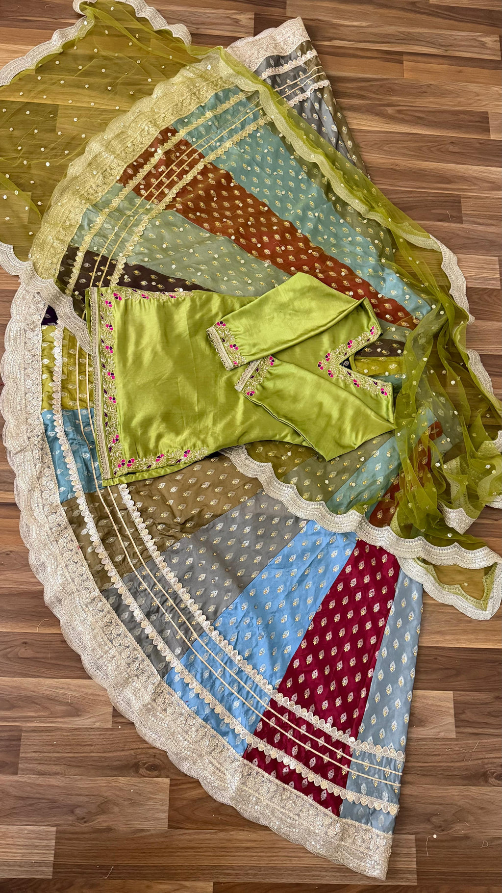 MULTI SHADE BANARASI RAW SILK LEHENGA WITH ZARDOZI TOP