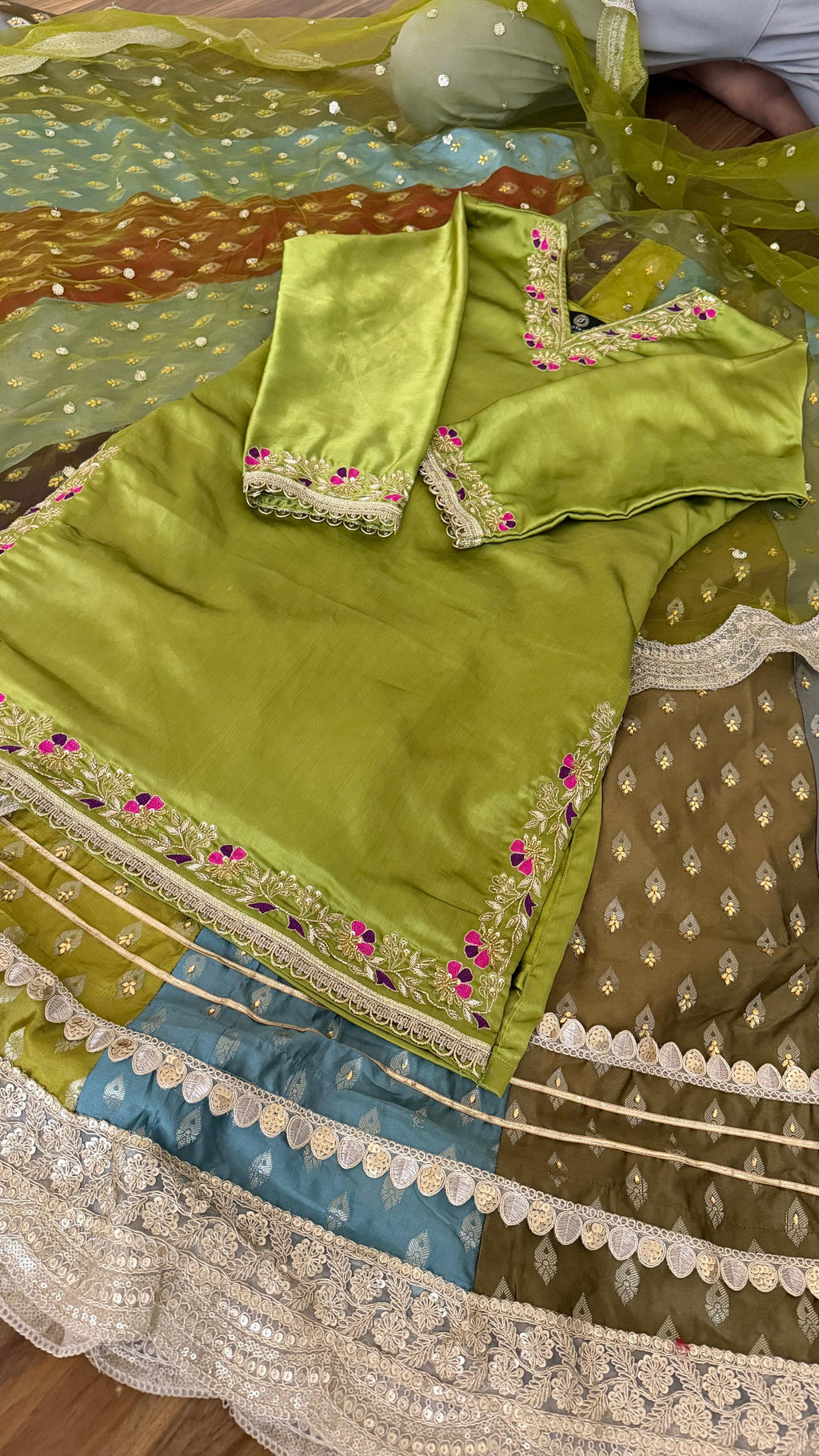 MULTI SHADE BANARASI RAW SILK LEHENGA WITH ZARDOZI TOP