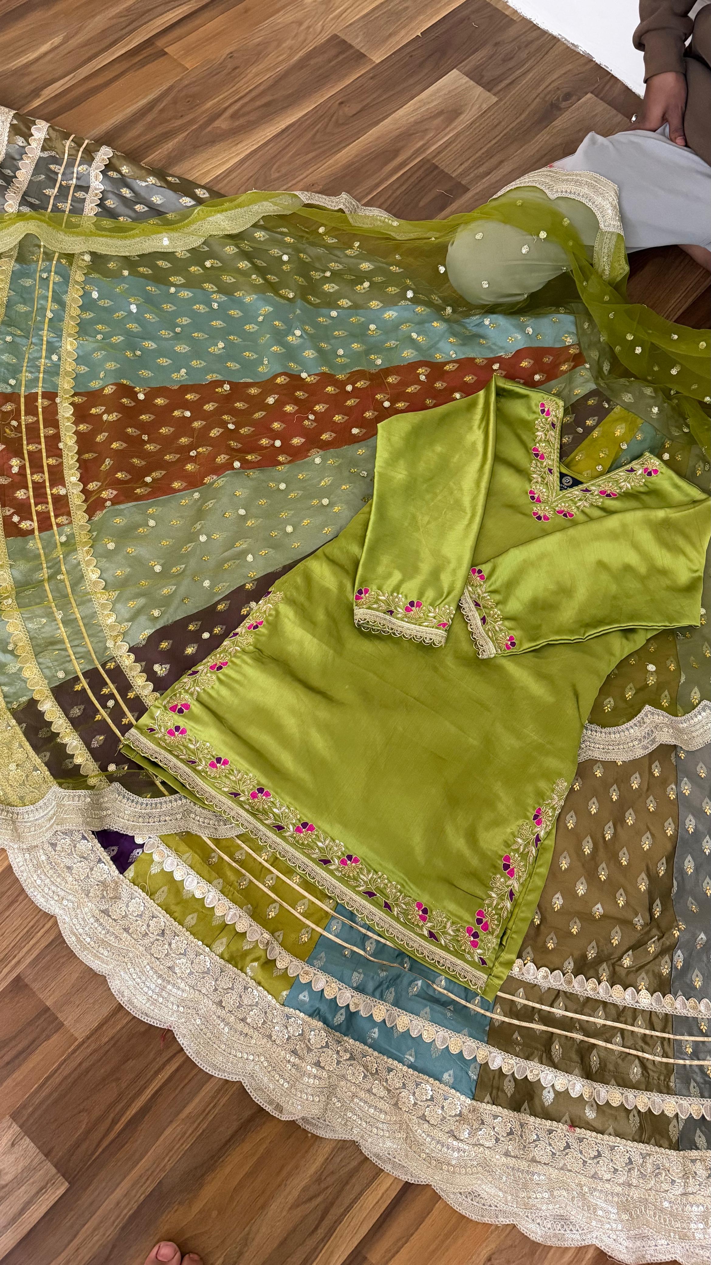 MULTI SHADE BANARASI RAW SILK LEHENGA WITH ZARDOZI TOP