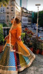 MULTI SHADE BANARASI RAW SILK LEHENGA WITH DECENT BOOTI PATTERN