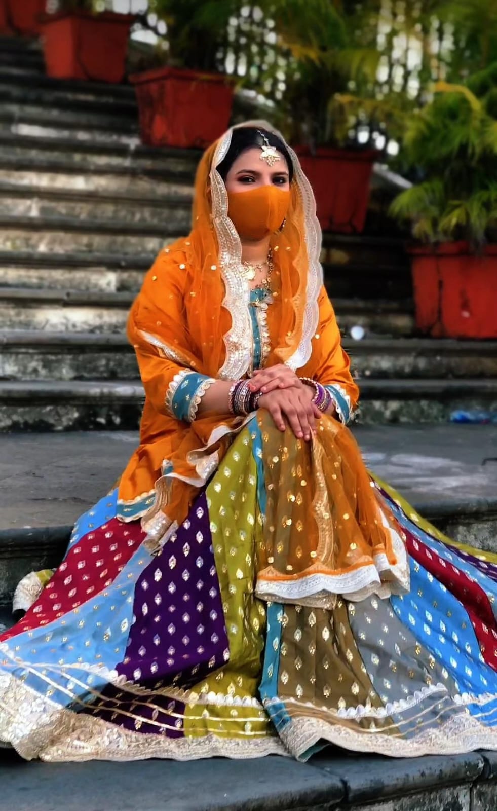 MULTI SHADE BANARASI RAW SILK LEHENGA WITH DECENT BOOTI PATTERN