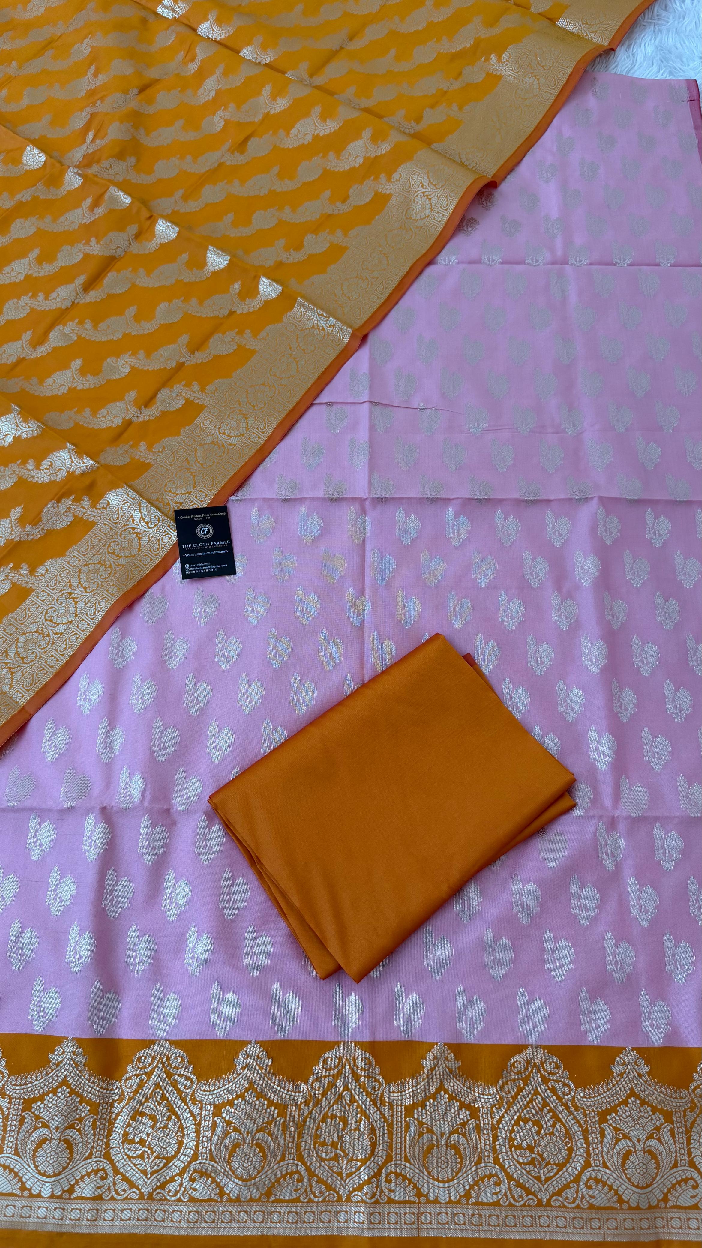 MUSTARD BABY PINK CONTRAST COTTON SILK 3 PIECE SUIT