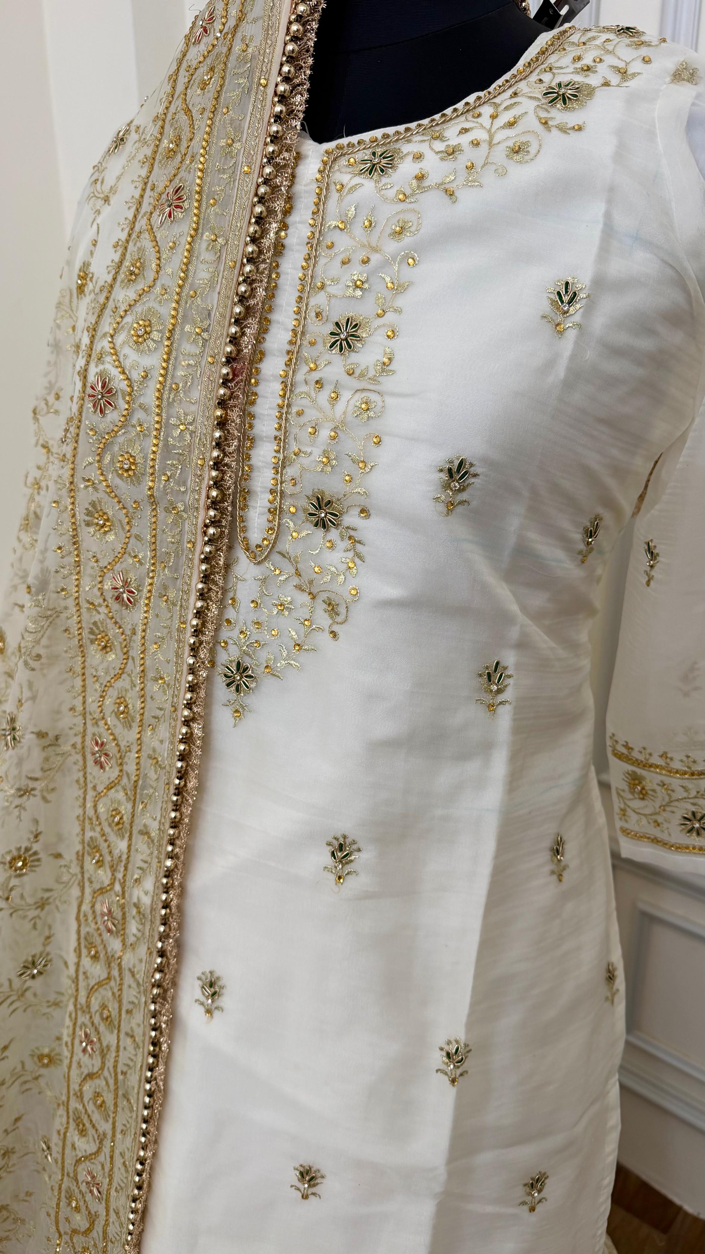 OFF WHITE EMBROERDED GHARARA WITH HAND WORK TOUCH