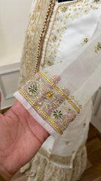 OFF WHITE EMBROERDED GHARARA WITH HAND WORK TOUCH