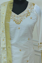OFF WHITE BANARASI KIMKHAB GHARARA WITH HAND WORK KURTI AND DESIGHNER DUPATTA