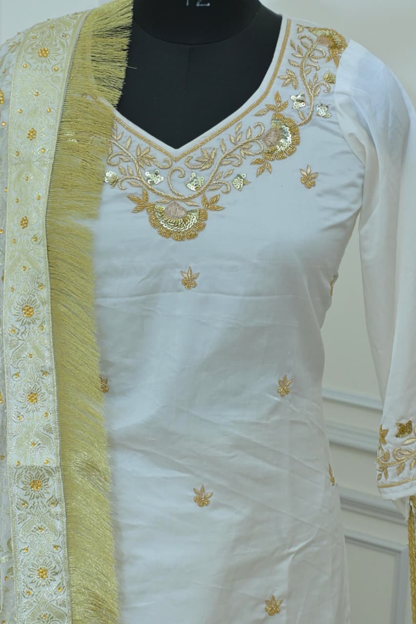 OFF WHITE BANARASI KIMKHAB GHARARA WITH HAND WORK KURTI AND DESIGHNER DUPATTA