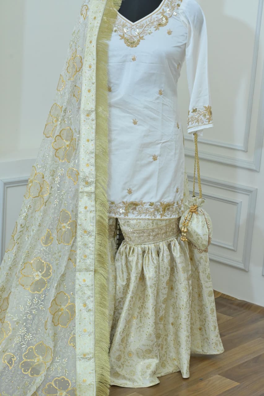 OFF WHITE BANARASI KIMKHAB GHARARA WITH HAND WORK KURTI AND DESIGHNER DUPATTA