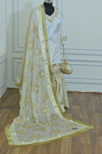 OFF WHITE BANARASI KIMKHAB GHARARA WITH HAND WORK KURTI AND DESIGHNER DUPATTA