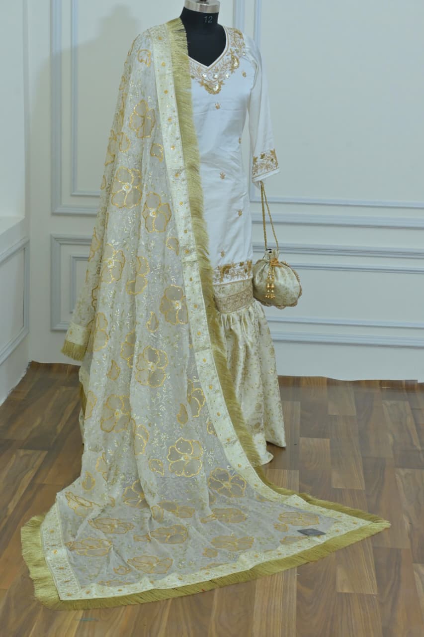 OFF WHITE BANARASI KIMKHAB GHARARA WITH HAND WORK KURTI AND DESIGHNER DUPATTA