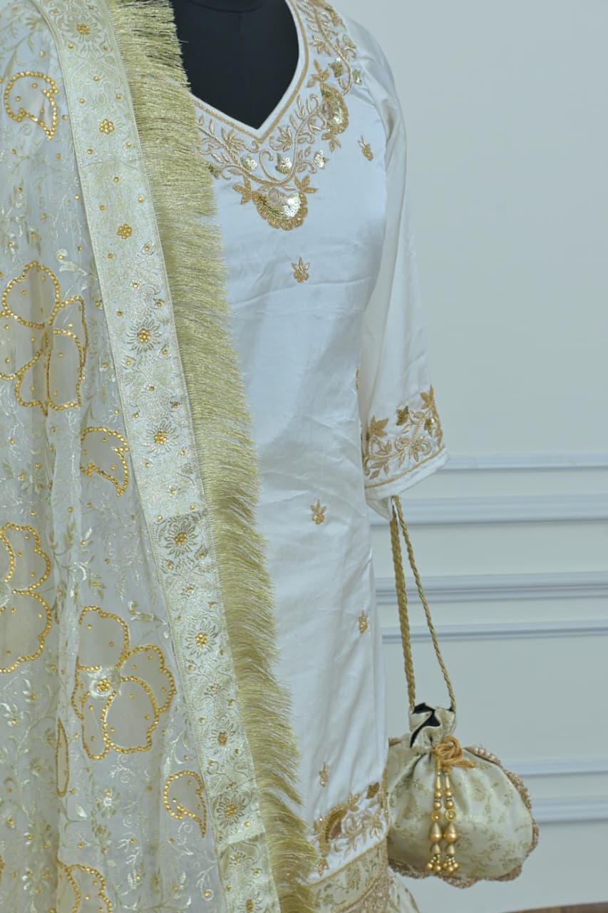 OFF WHITE BANARASI KIMKHAB GHARARA WITH HAND WORK KURTI AND DESIGHNER DUPATTA