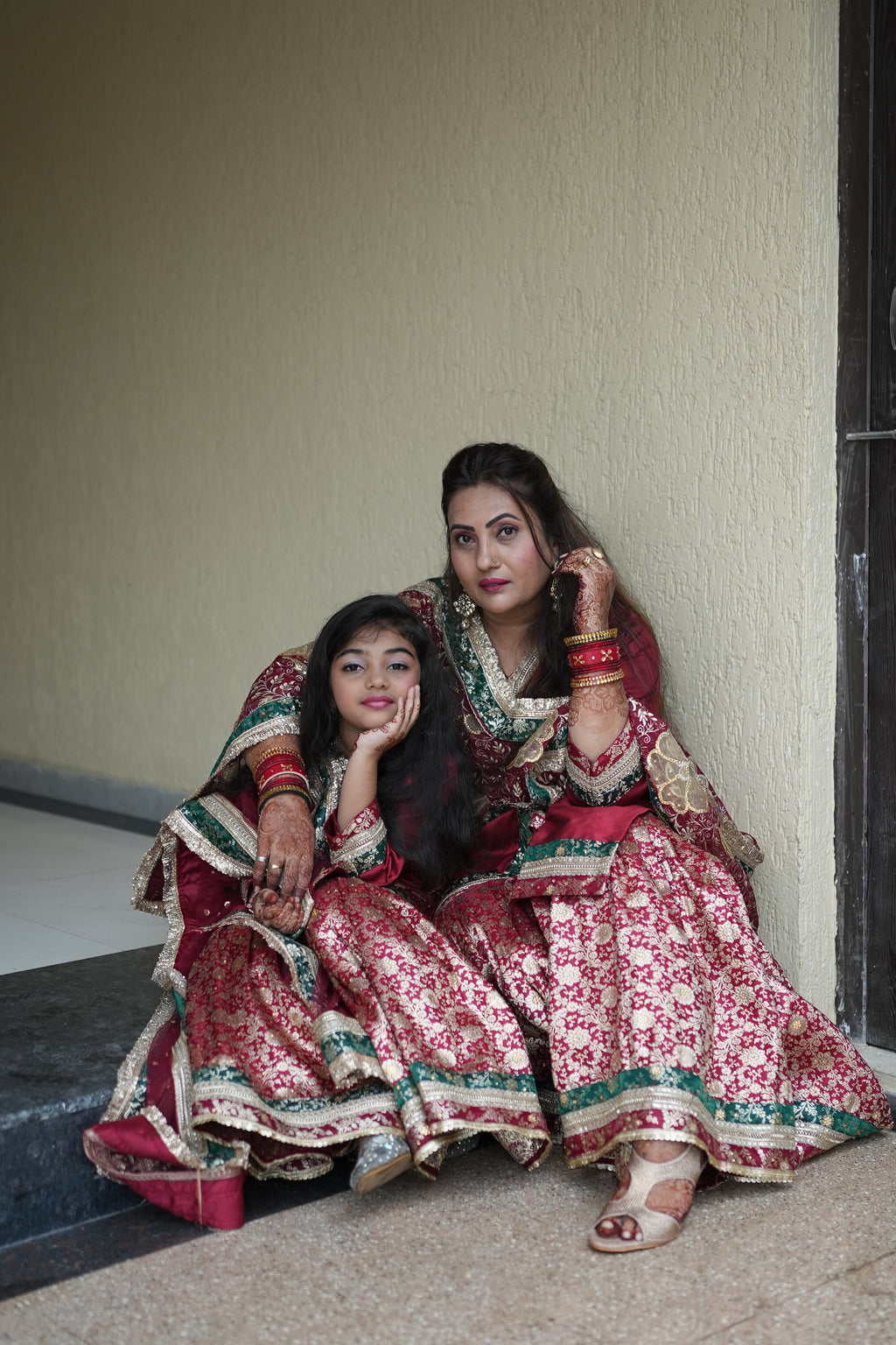 MAROON KIDS GHARARA WITH CONTRAST GREEN BORDER