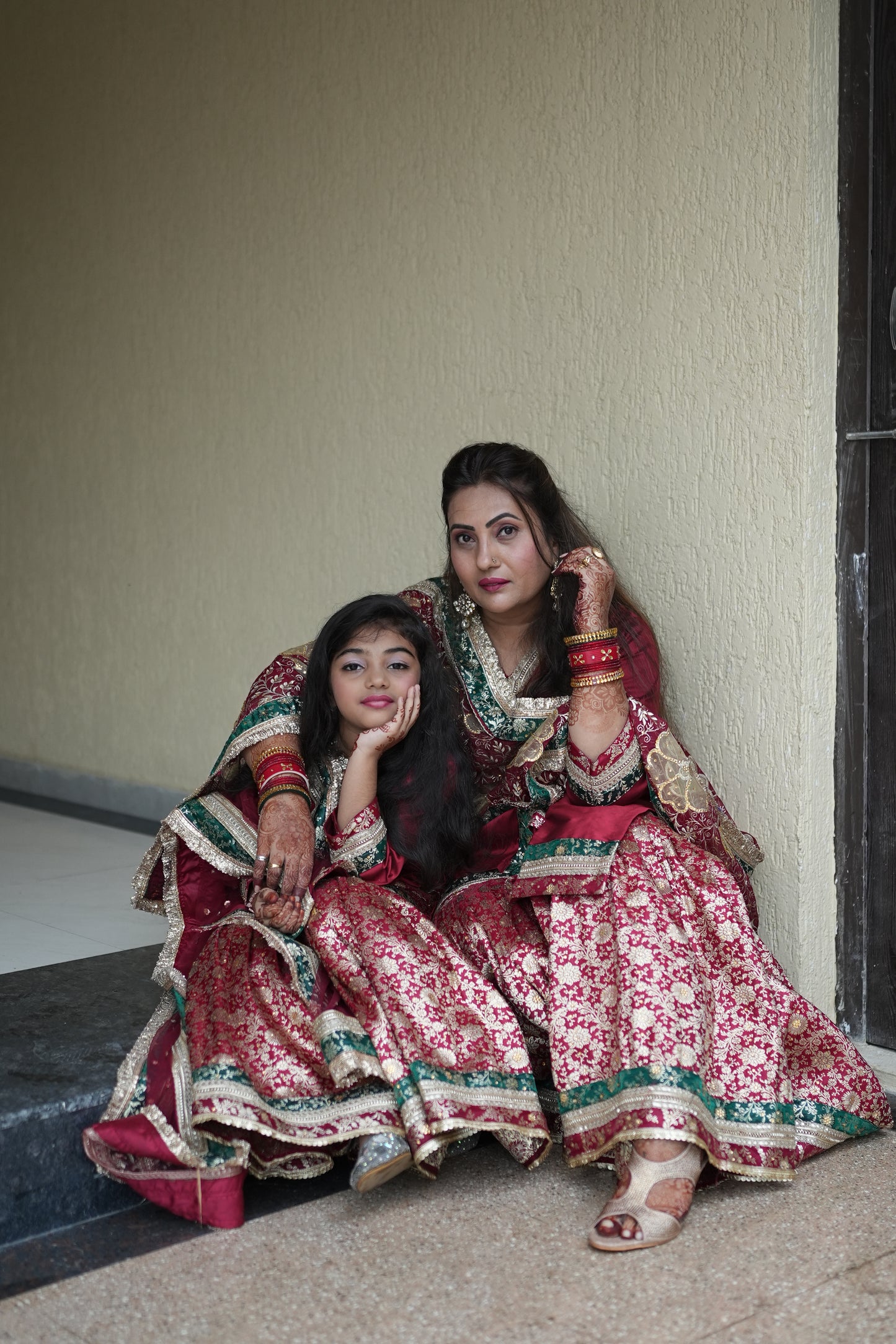 MAROON KIDS GHARARA WITH CONTRAST GREEN BORDER