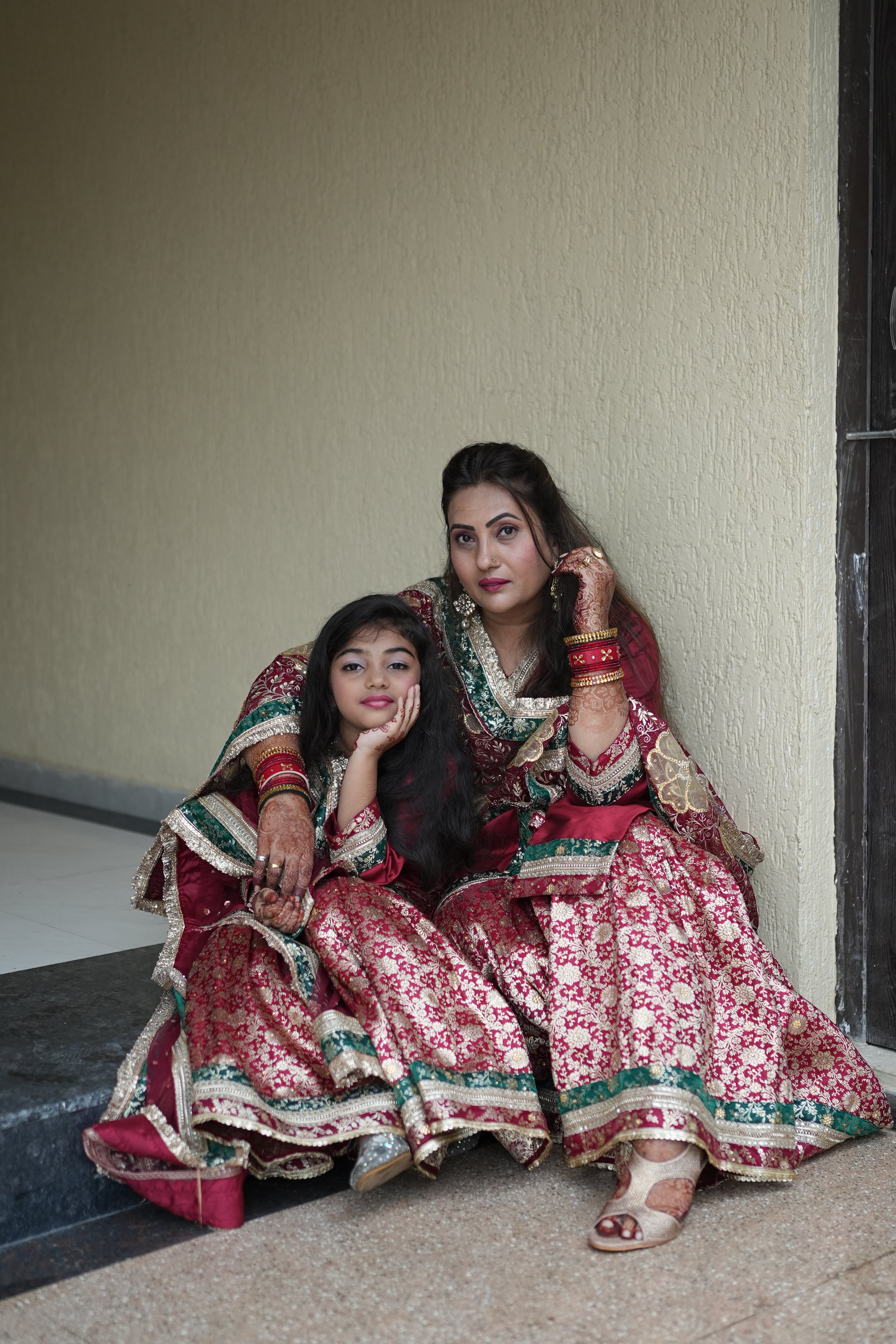 MAROON KIDS GHARARA WITH CONTRAST GREEN BORDER