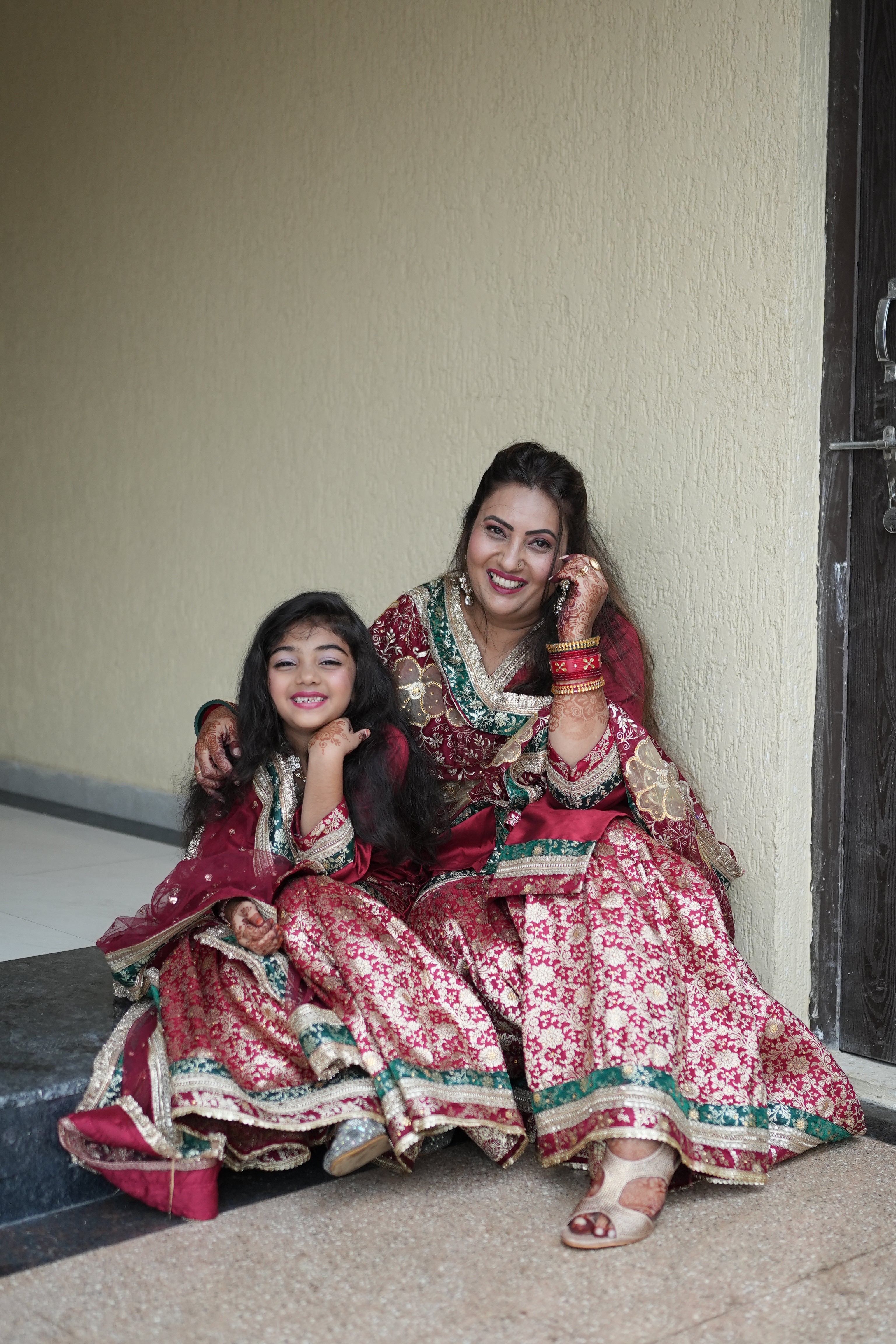 MAROON KIDS GHARARA WITH CONTRAST GREEN BORDER
