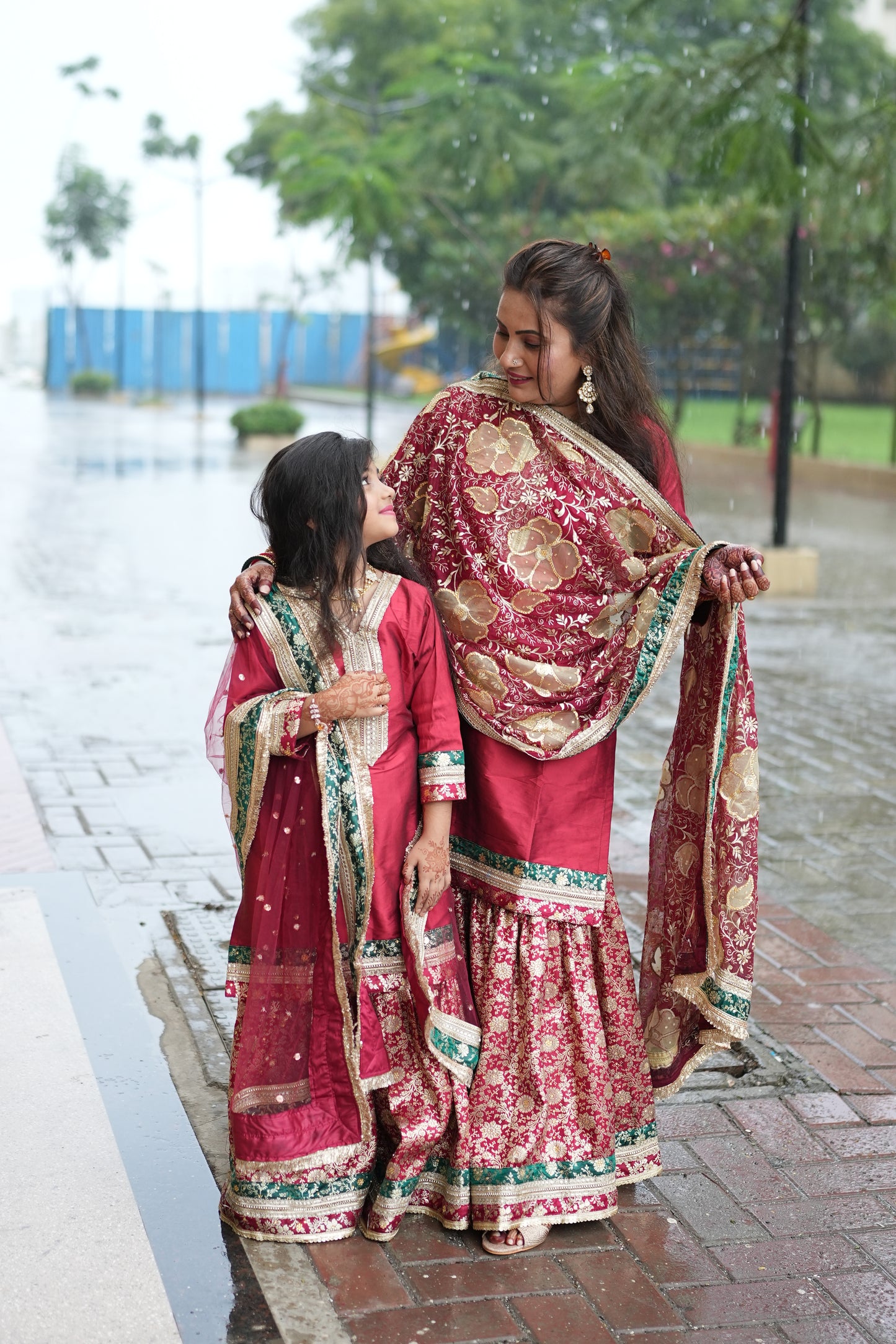 MAROON KIDS GHARARA WITH CONTRAST GREEN BORDER