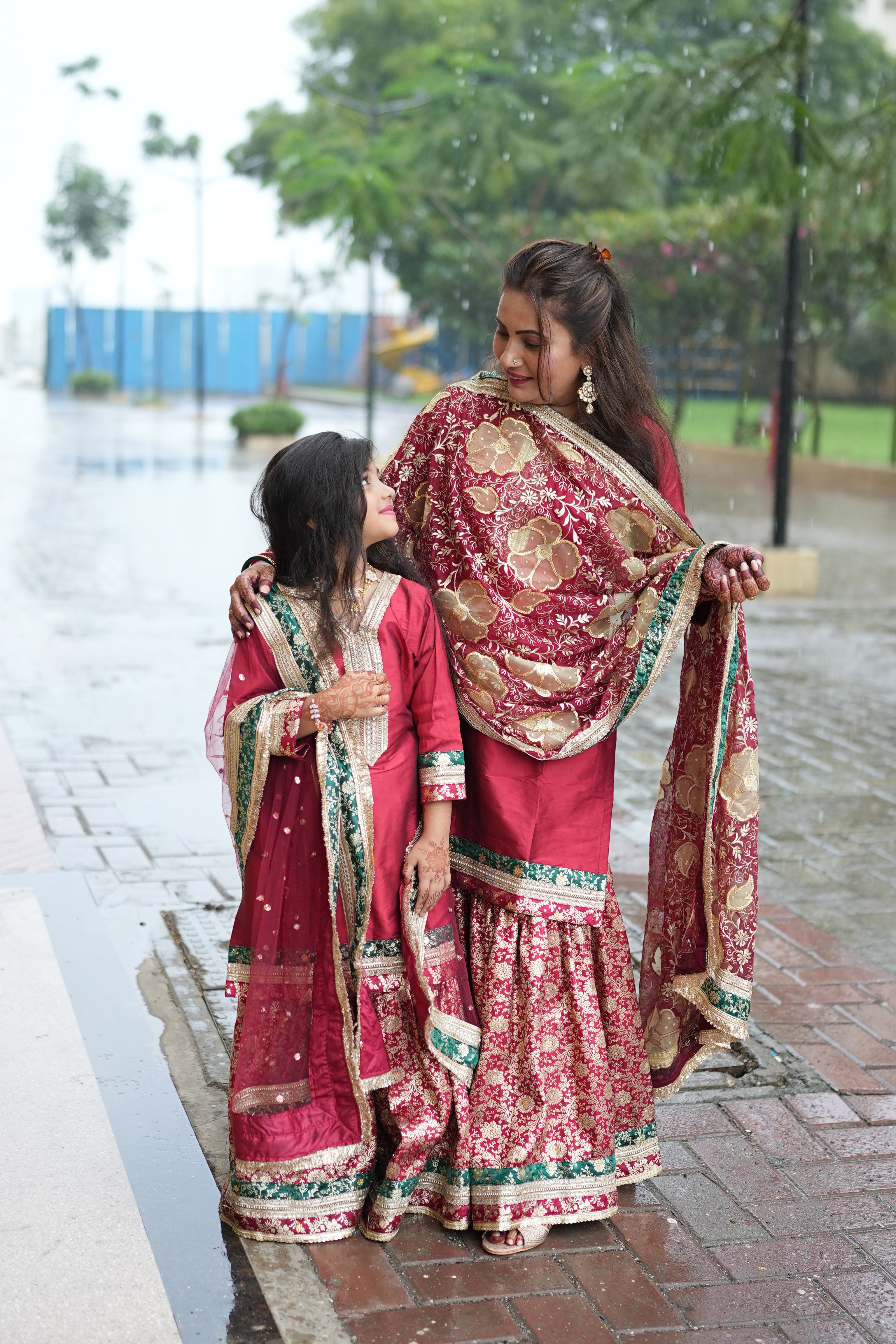 MAROON KIDS GHARARA WITH CONTRAST GREEN BORDER