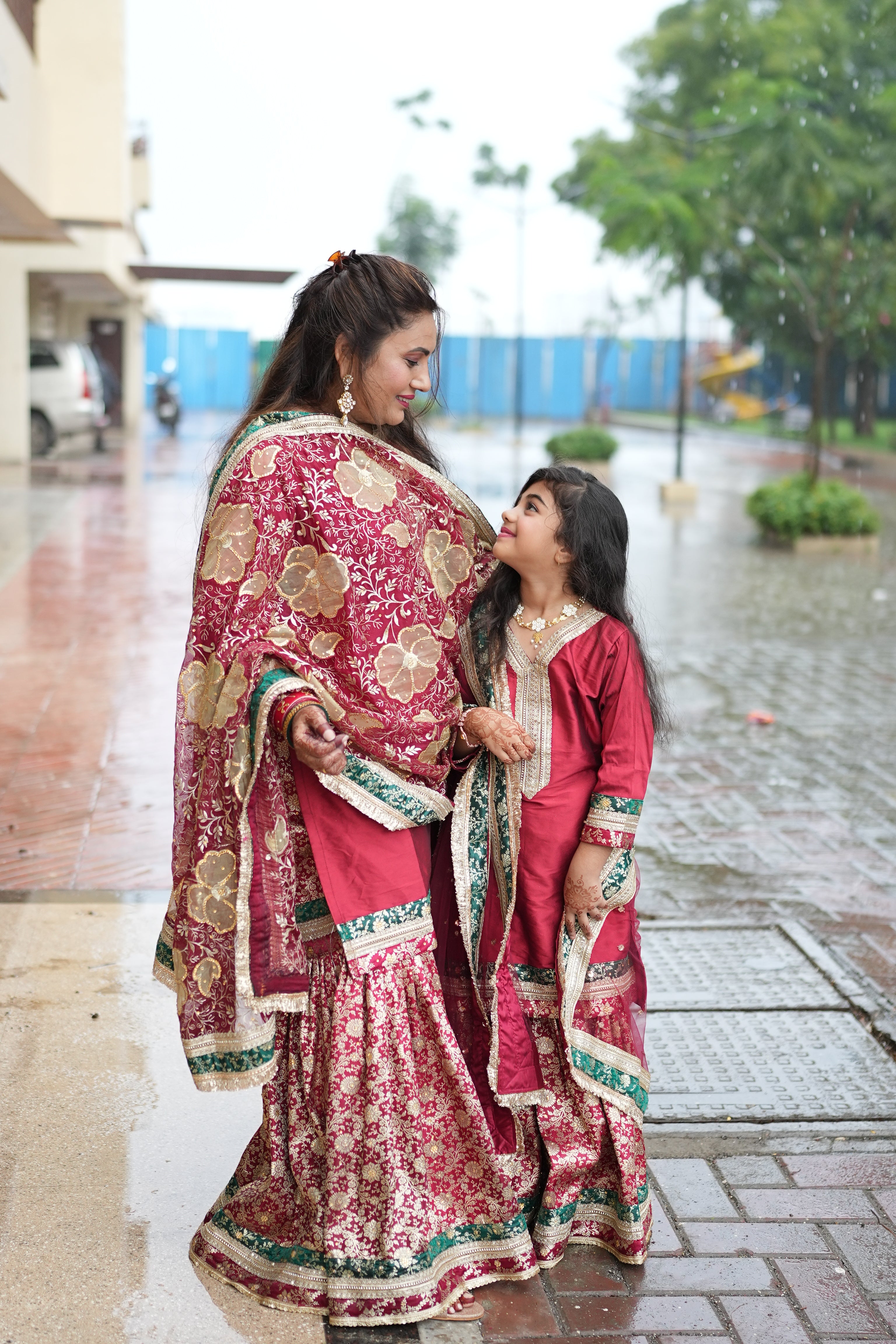 MAROON KIDS GHARARA WITH CONTRAST GREEN BORDER