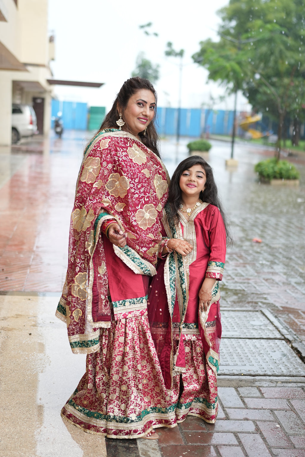 MAROON KIDS GHARARA WITH CONTRAST GREEN BORDER