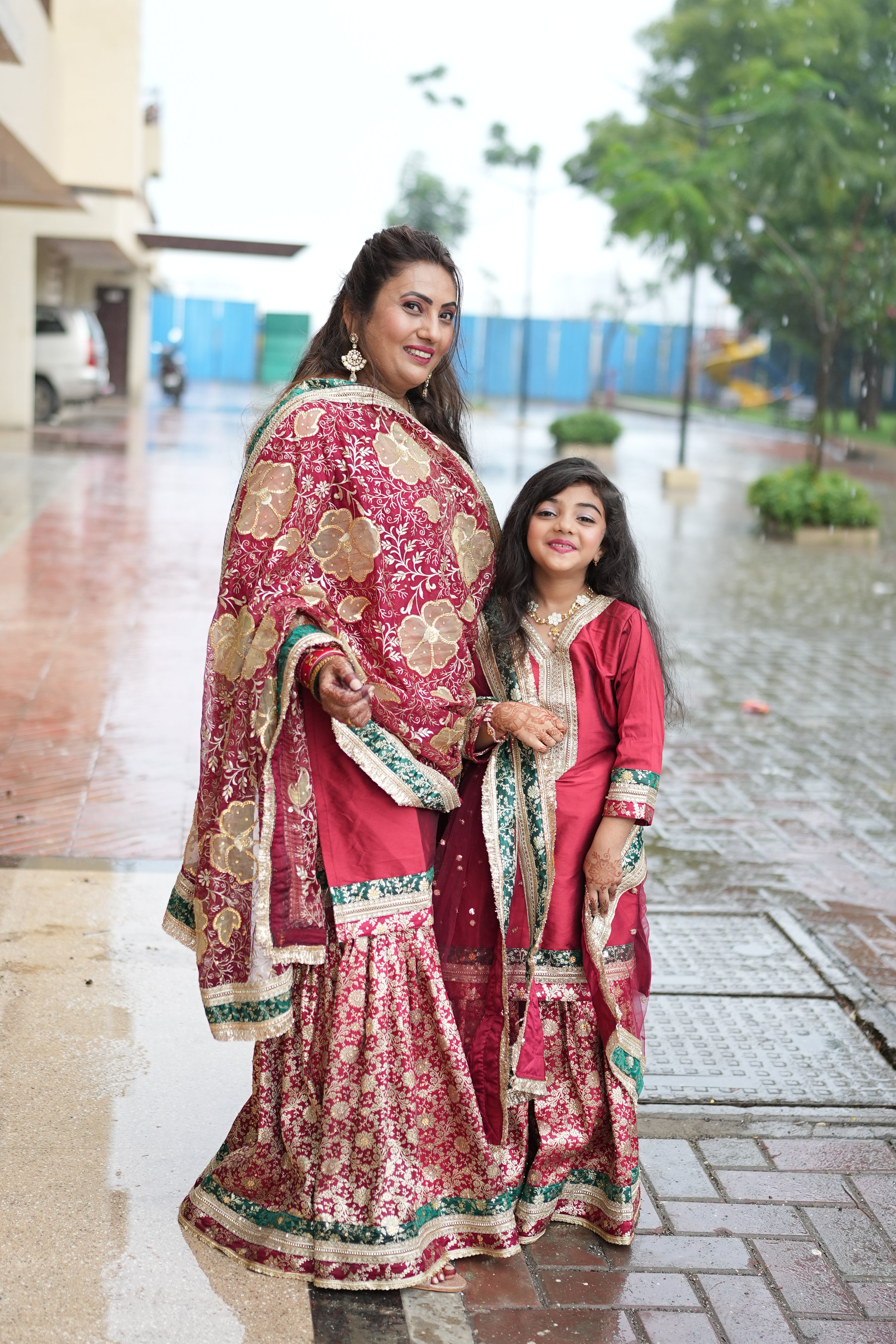 MAROON KIDS GHARARA WITH CONTRAST GREEN BORDER