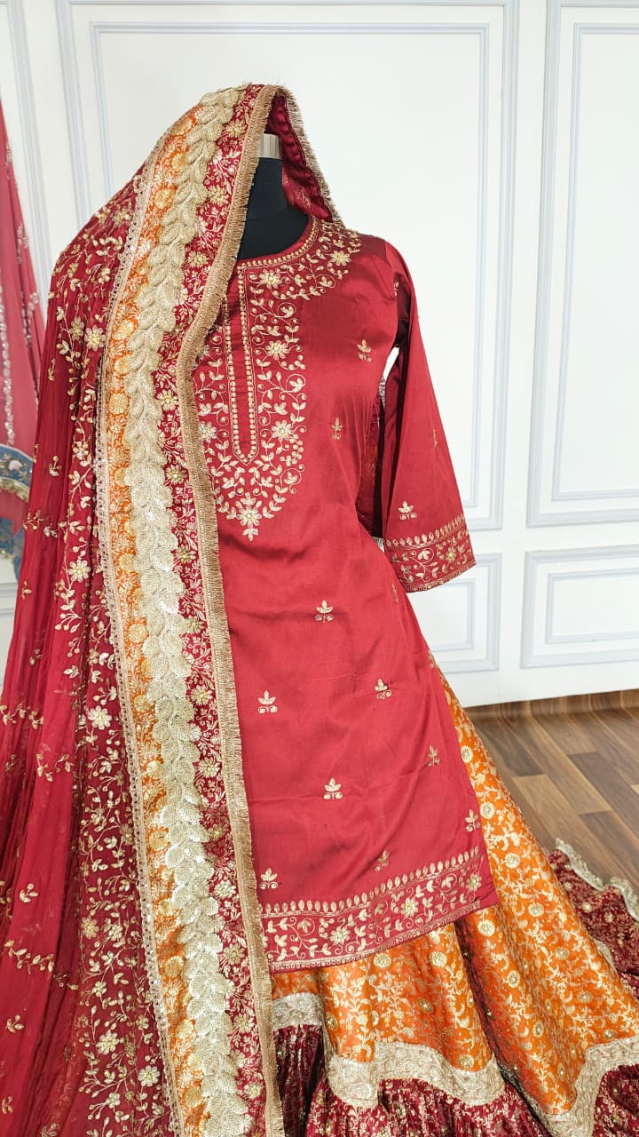 ORANGE MAROON FARSHI LEHENGA