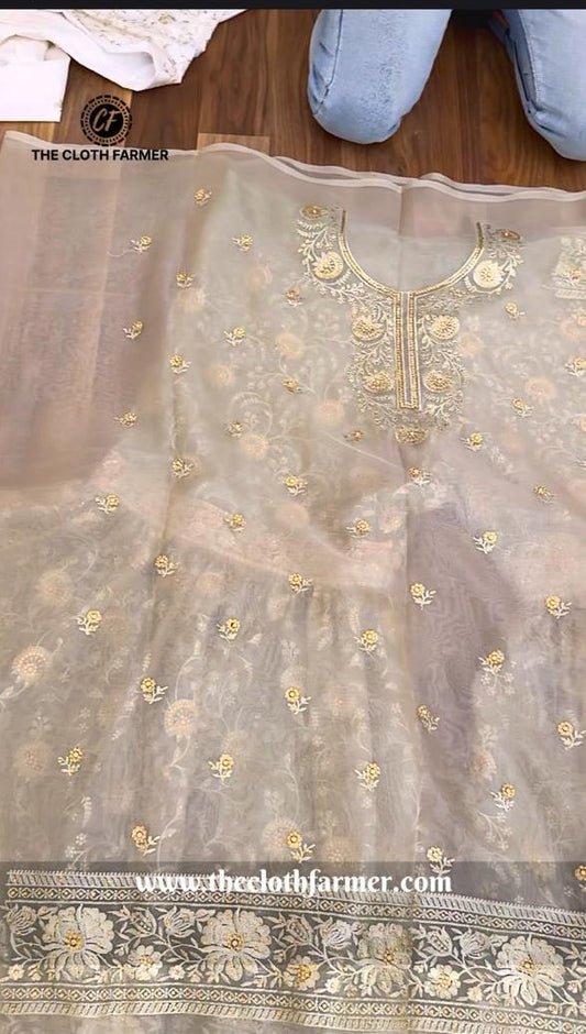 IVORY SHADE JAAL PATTERN ORGANZA GHARARA
