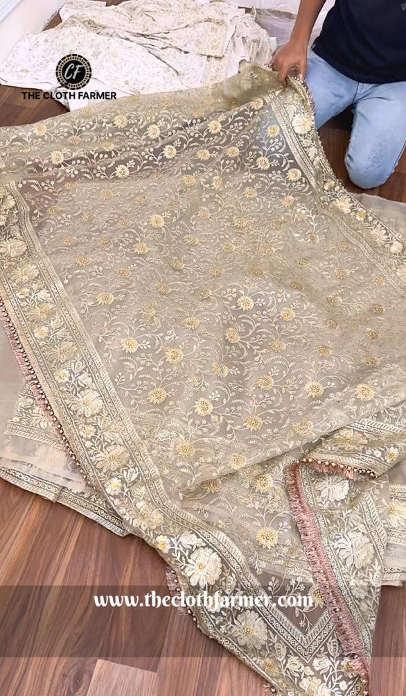 IVORY SHADE JAAL PATTERN ORGANZA GHARARA