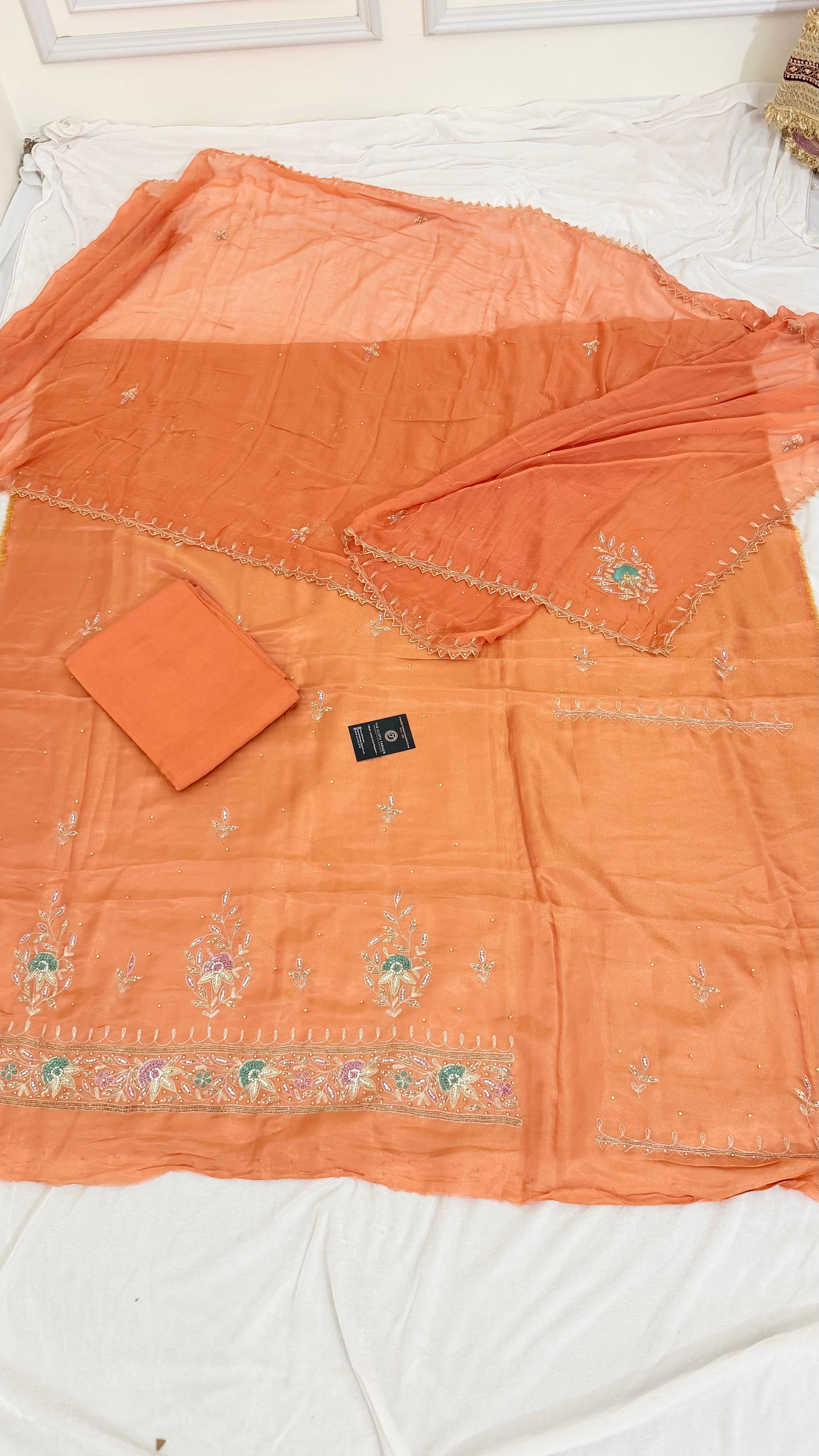 PEACH SHADE SHIMMER SILK ORGANZA SILK 3 PIECE SUIT