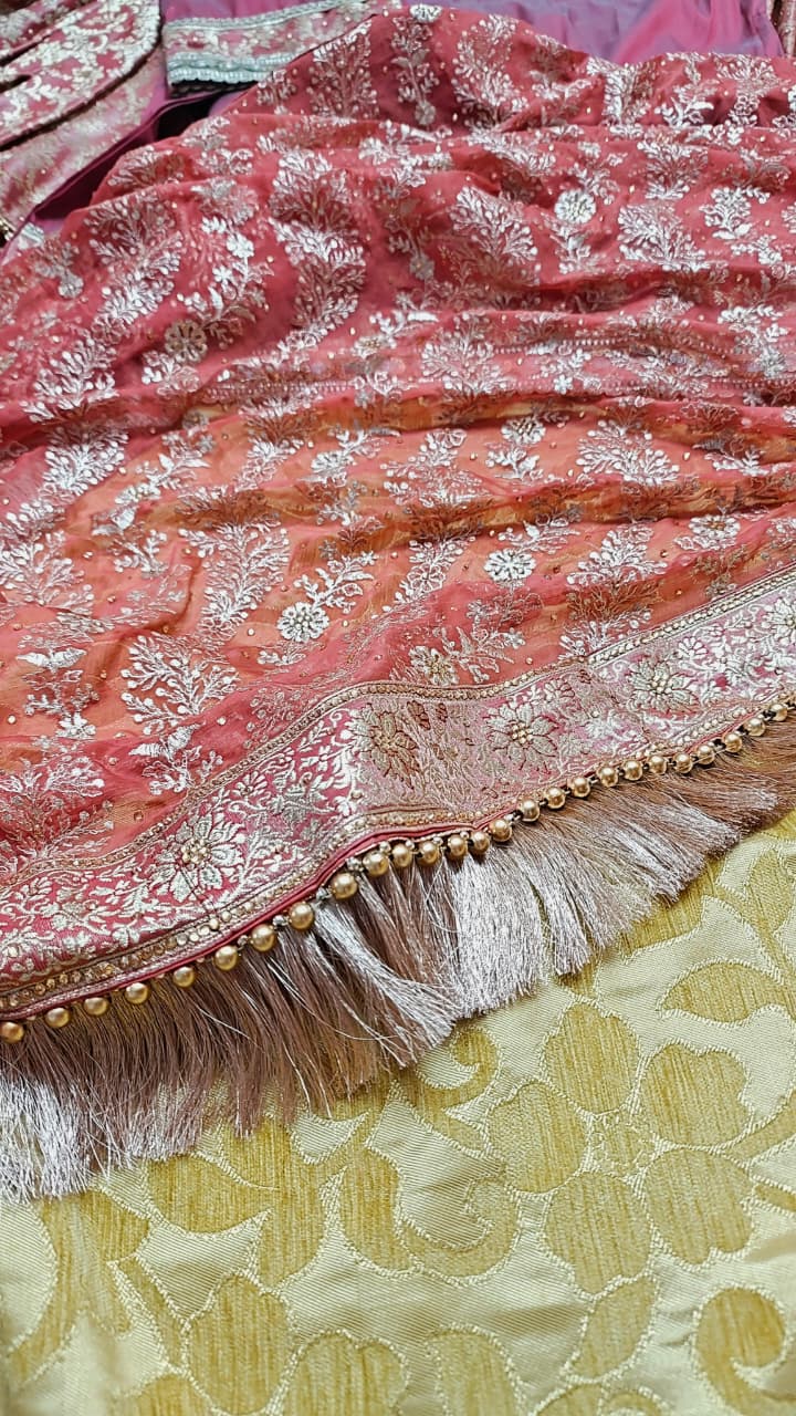 REDDISH PEACH GHARARA WITH TOUCH UP OF MOTI LACE