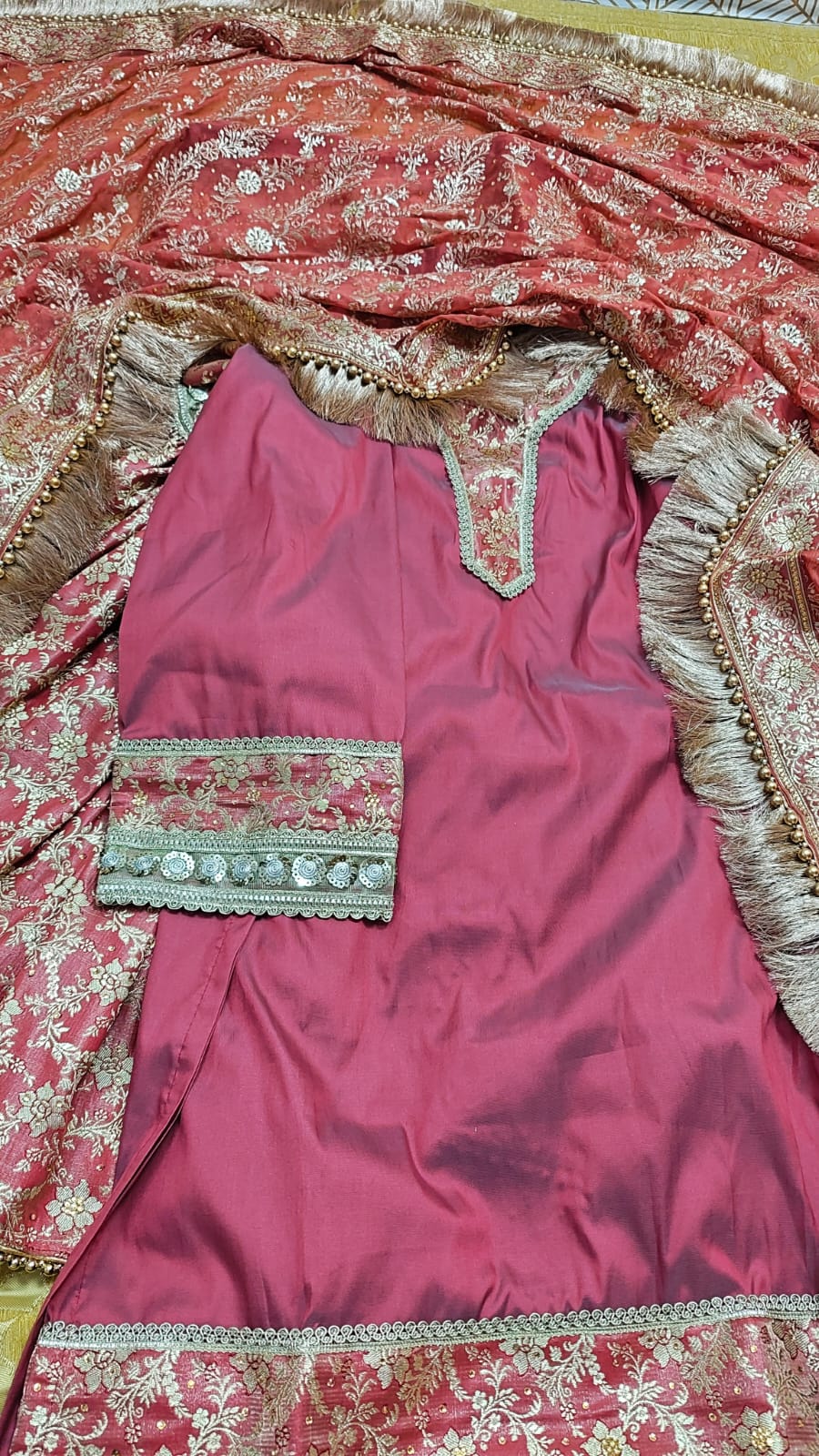 REDDISH PEACH GHARARA WITH TOUCH UP OF MOTI LACE