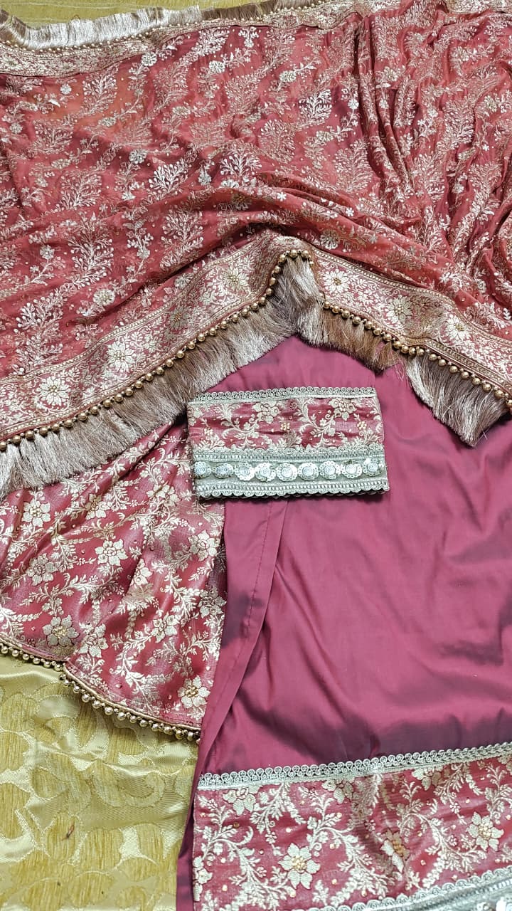 REDDISH PEACH GHARARA WITH TOUCH UP OF MOTI LACE