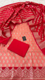 RED COLOR CONTRAST COTTON SILK 3 PIECE SUIT