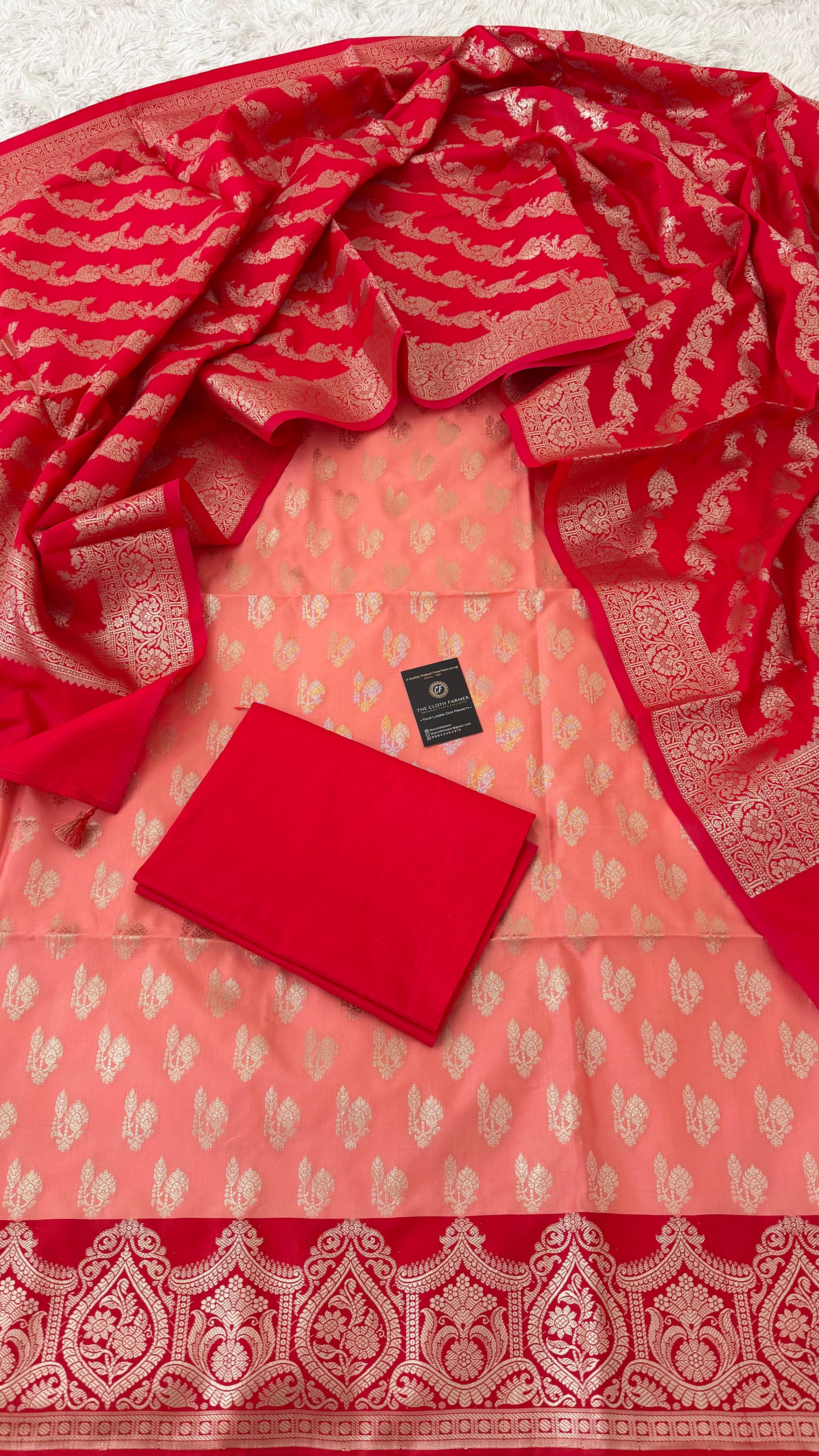 RED COLOR CONTRAST COTTON SILK 3 PIECE SUIT