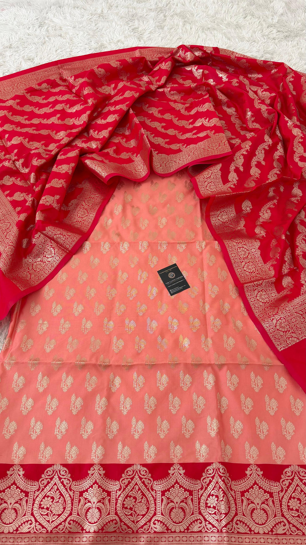 RED COLOR CONTRAST COTTON SILK 3 PIECE SUIT