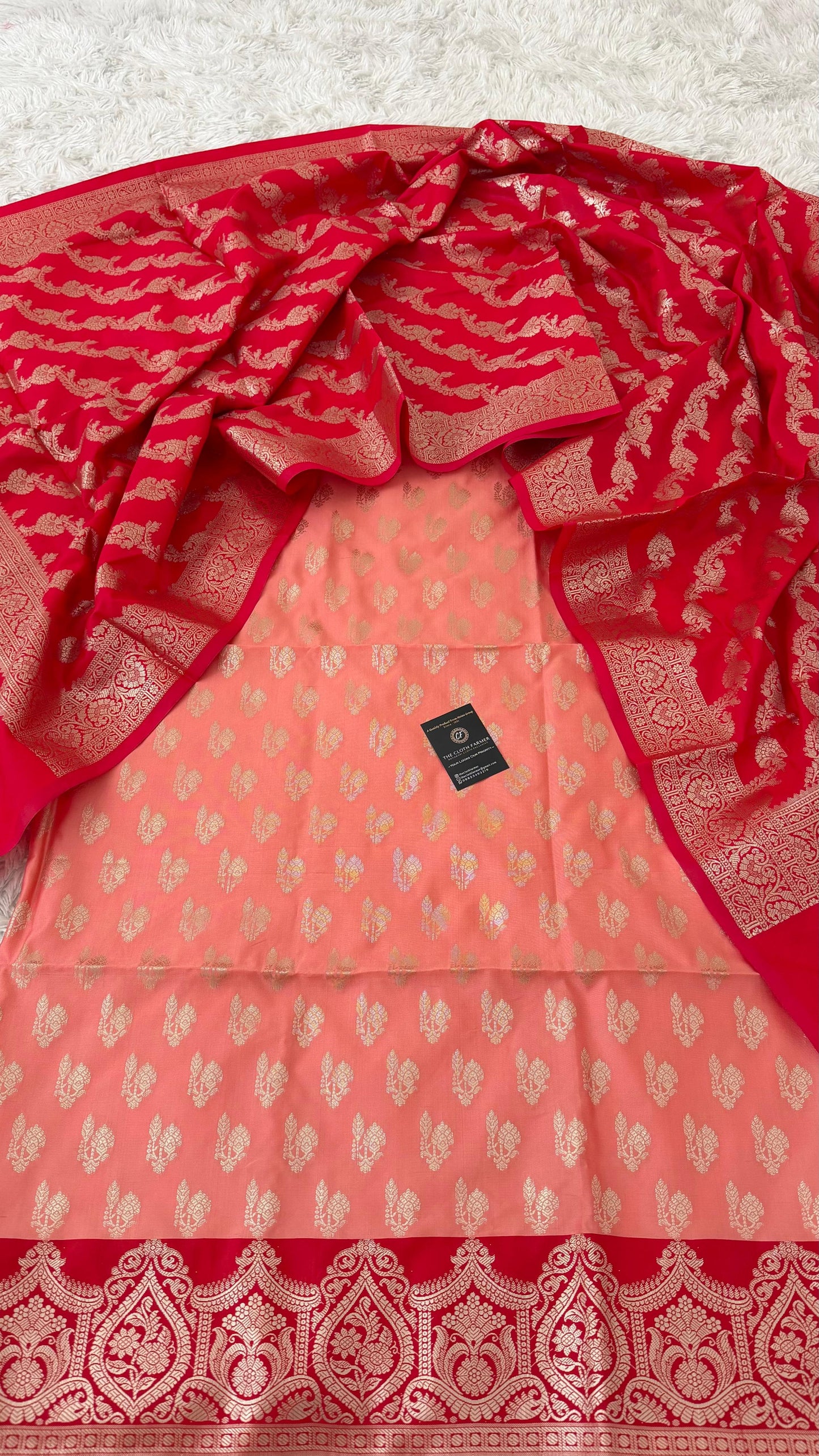 RED COLOR CONTRAST COTTON SILK 3 PIECE SUIT
