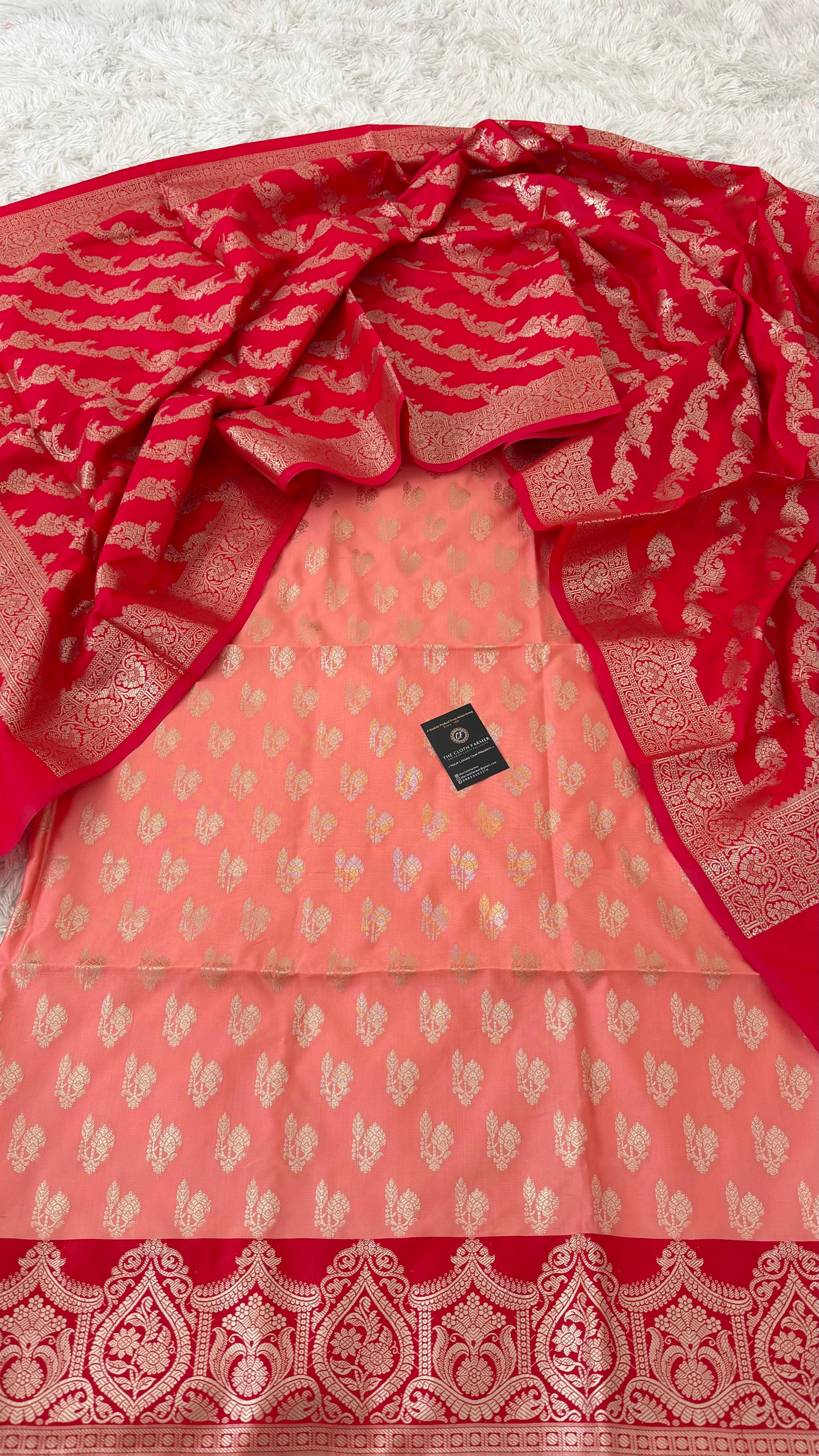 RED COLOR CONTRAST COTTON SILK 3 PIECE SUIT