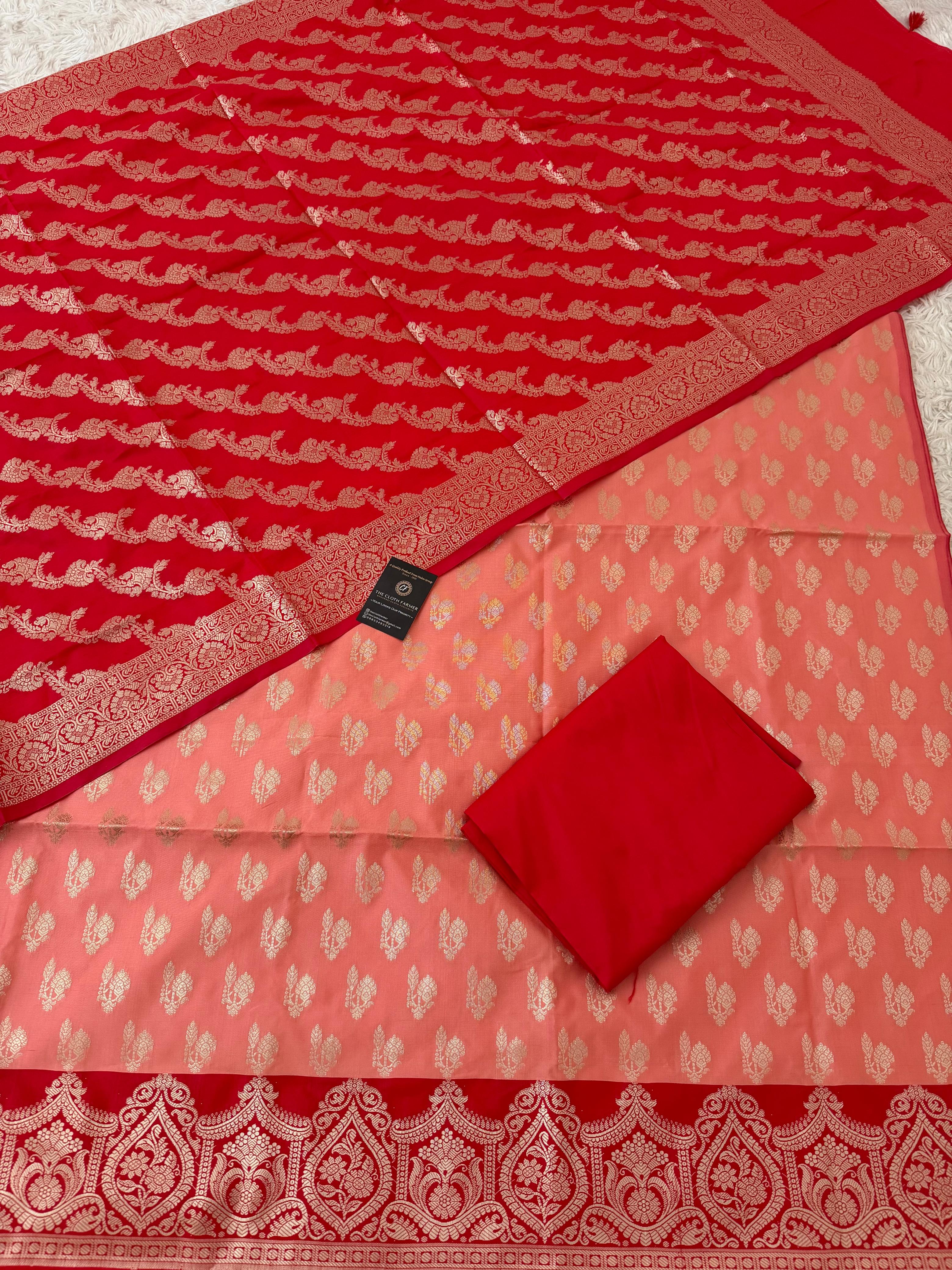 RED COLOR CONTRAST COTTON SILK 3 PIECE SUIT