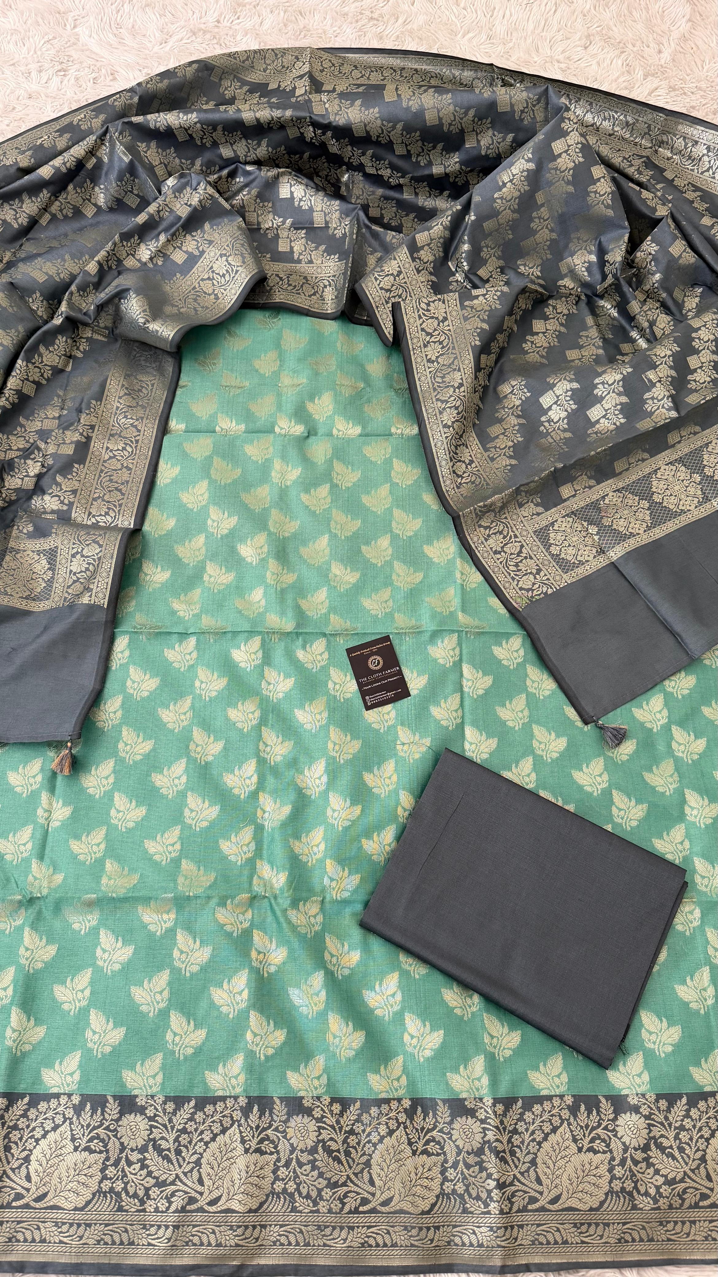 PIGEON BLUE COLOR CONTRAST COTTON SILK 3 PIECE SUIT