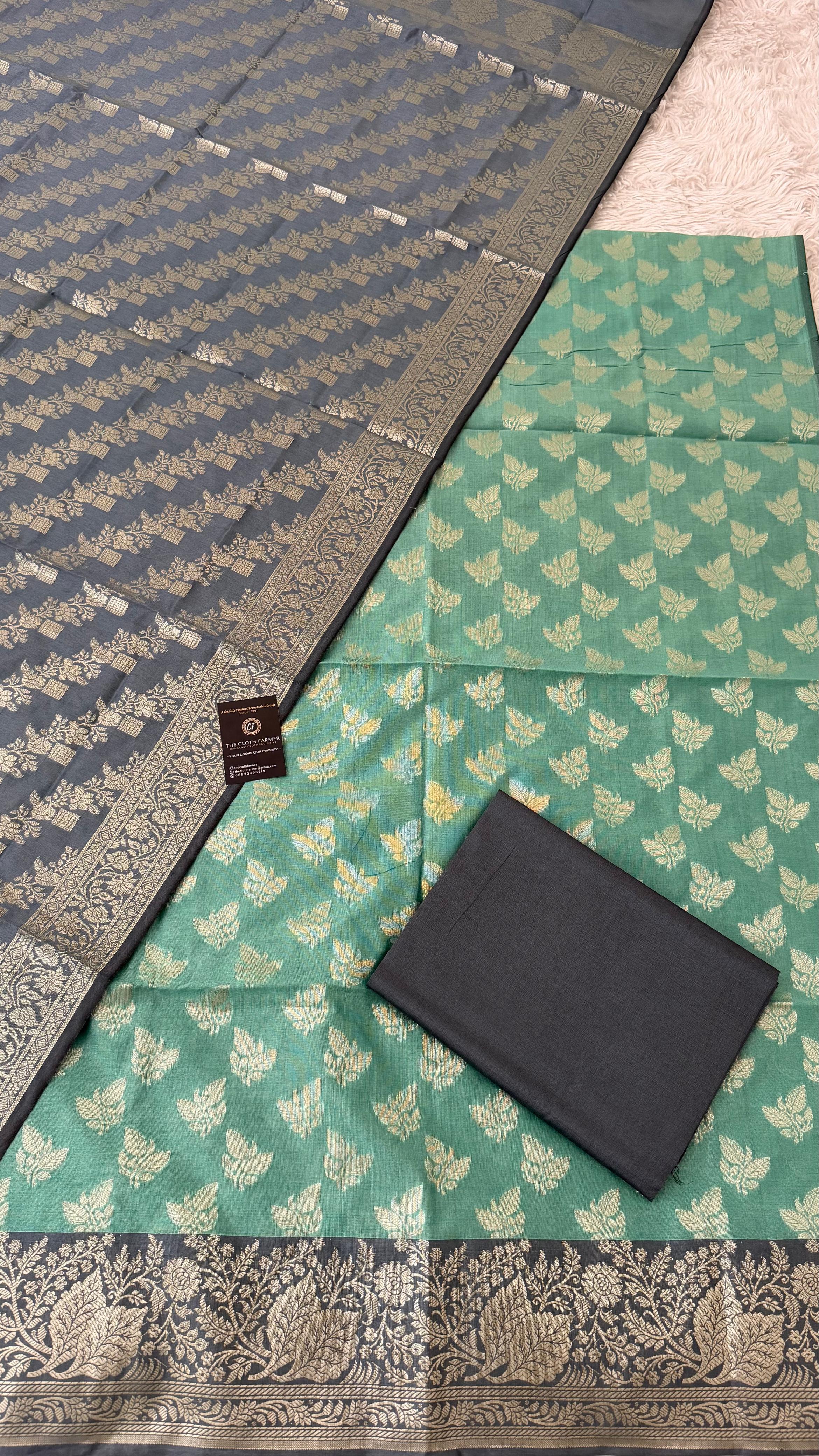 PIGEON BLUE COLOR CONTRAST COTTON SILK 3 PIECE SUIT