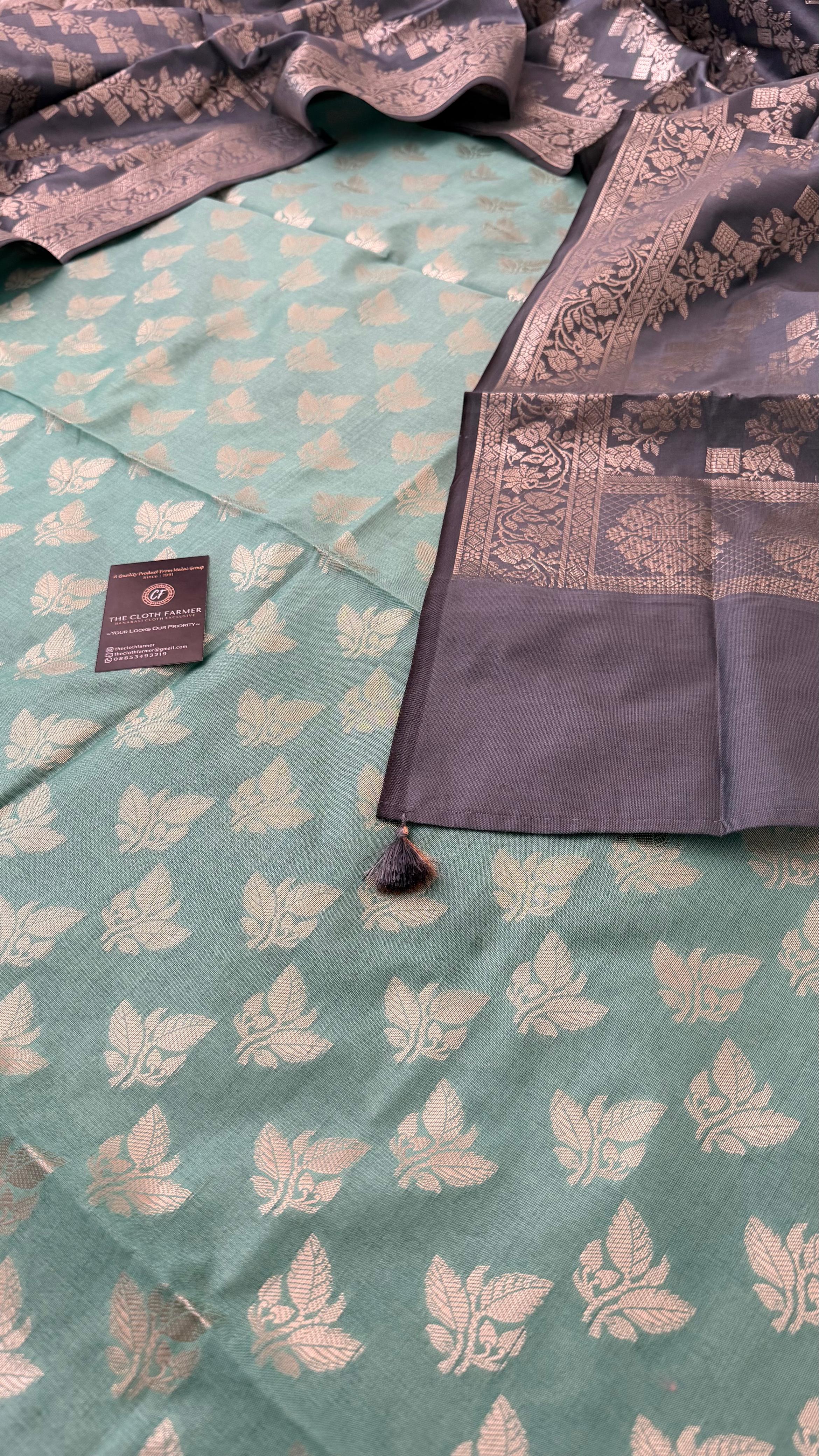 PIGEON BLUE COLOR CONTRAST COTTON SILK 3 PIECE SUIT