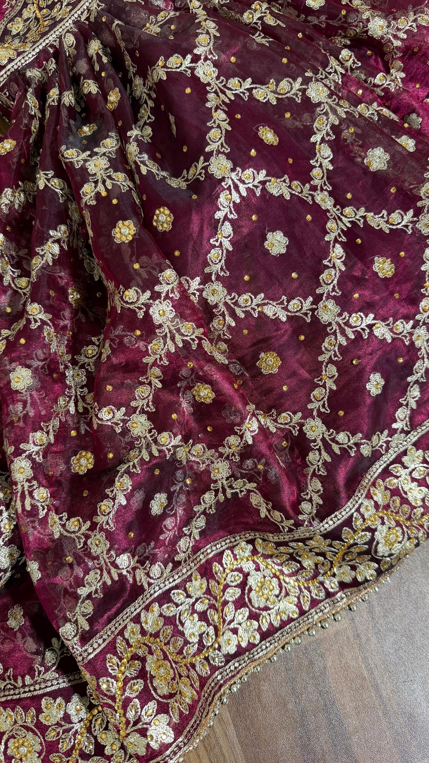 100% PURE TISSUE SILK HAND WORK KURTI GHARARA