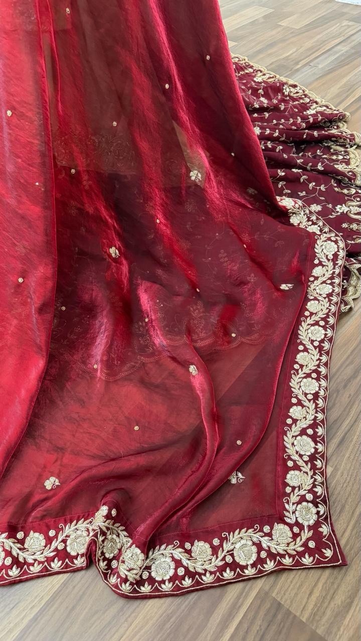 TUSSER/BLOOD MAROON ZARDOZI WORKED BRIDAL FARSHI LEHENGA