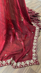 TUSSER/BLOOD MAROON ZARDOZI WORKED BRIDAL FARSHI LEHENGA