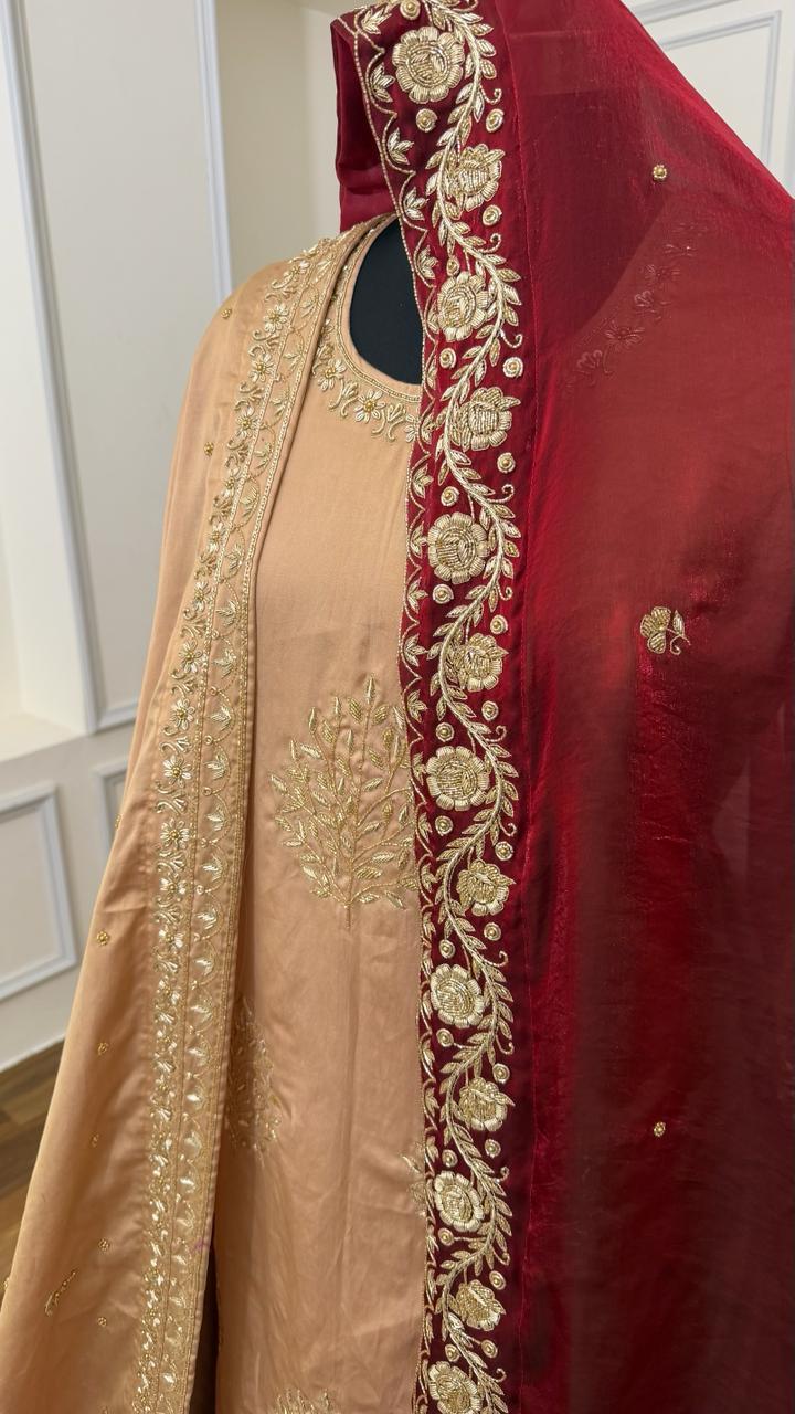 TUSSER/BLOOD MAROON ZARDOZI WORKED BRIDAL FARSHI LEHENGA