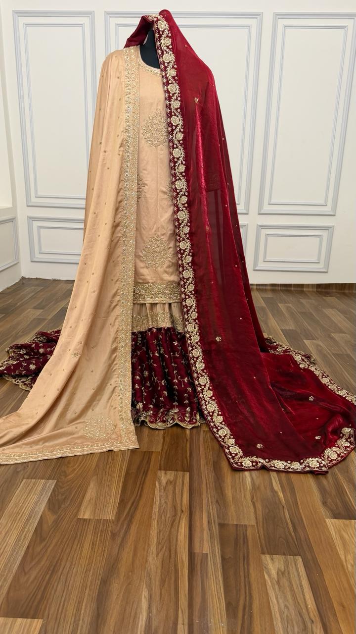 TUSSER/BLOOD MAROON ZARDOZI WORKED BRIDAL FARSHI LEHENGA