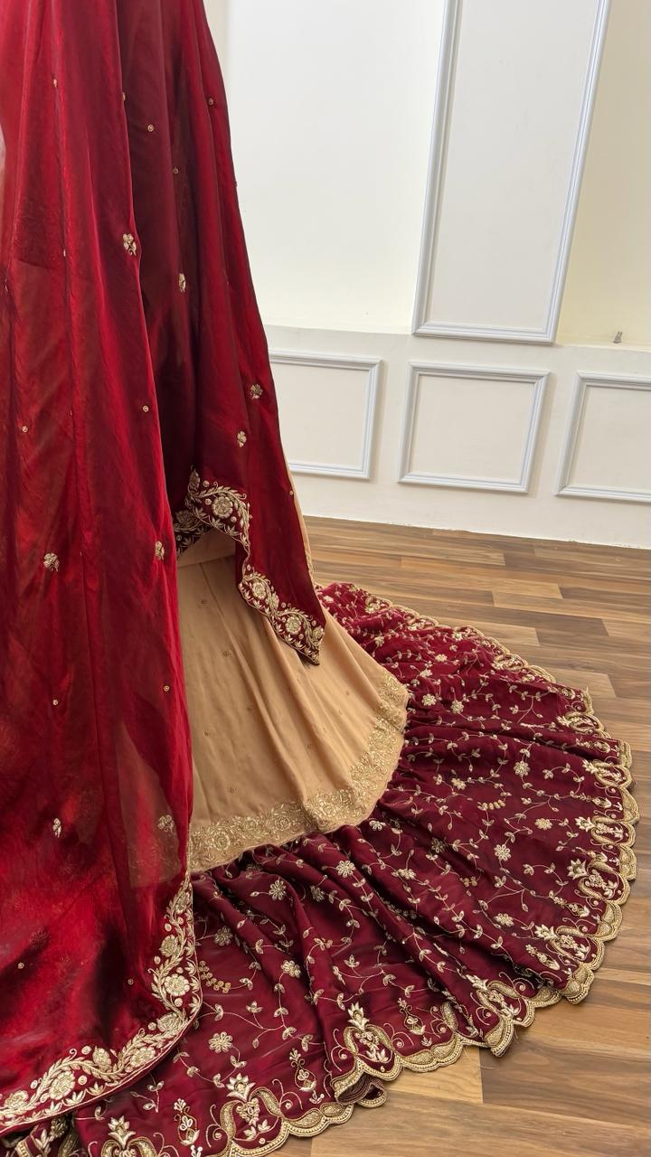 TUSSER/BLOOD MAROON ZARDOZI WORKED BRIDAL FARSHI LEHENGA