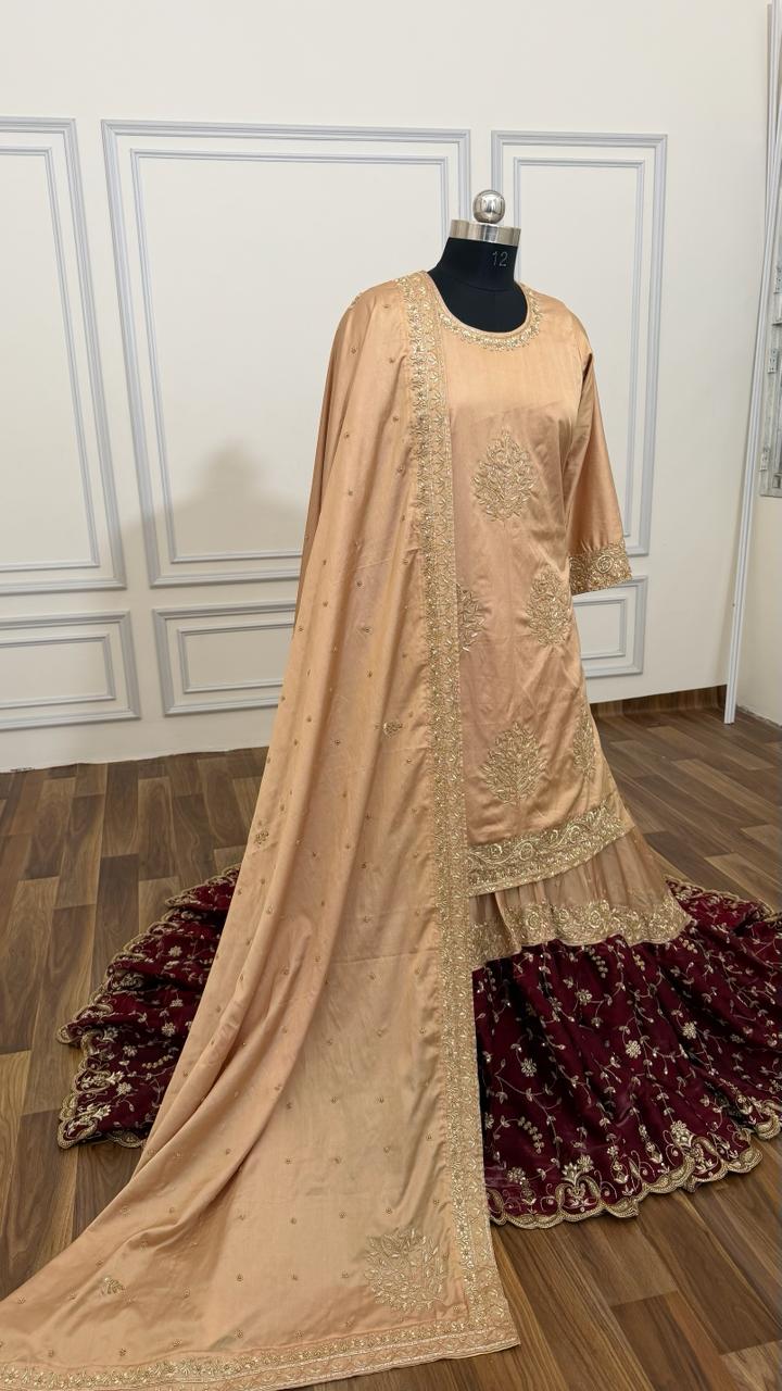 TUSSER/BLOOD MAROON ZARDOZI WORKED BRIDAL FARSHI LEHENGA