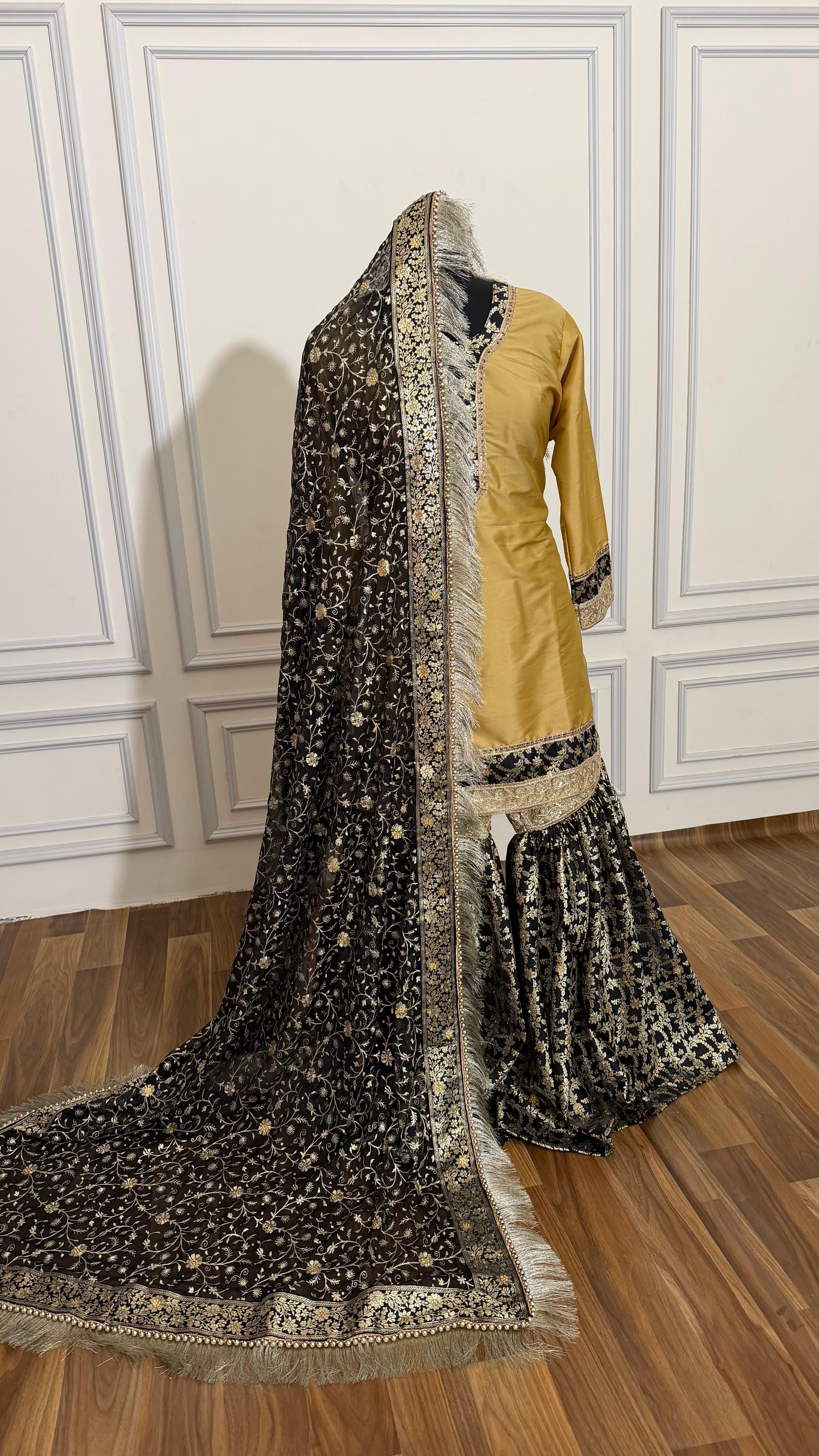 TUSSER BLACK KIMKHAB GHARARA