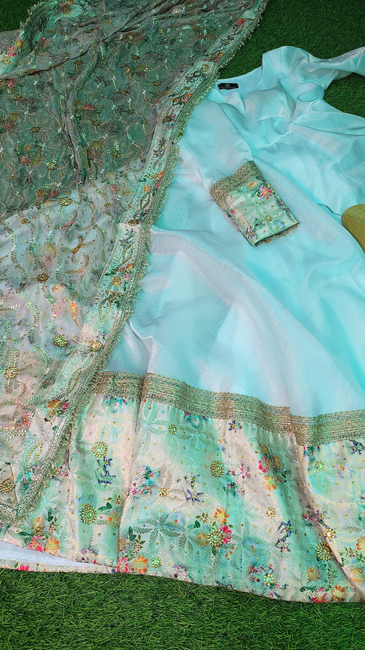 Contrast White and Off White Banarasi Printed Gown